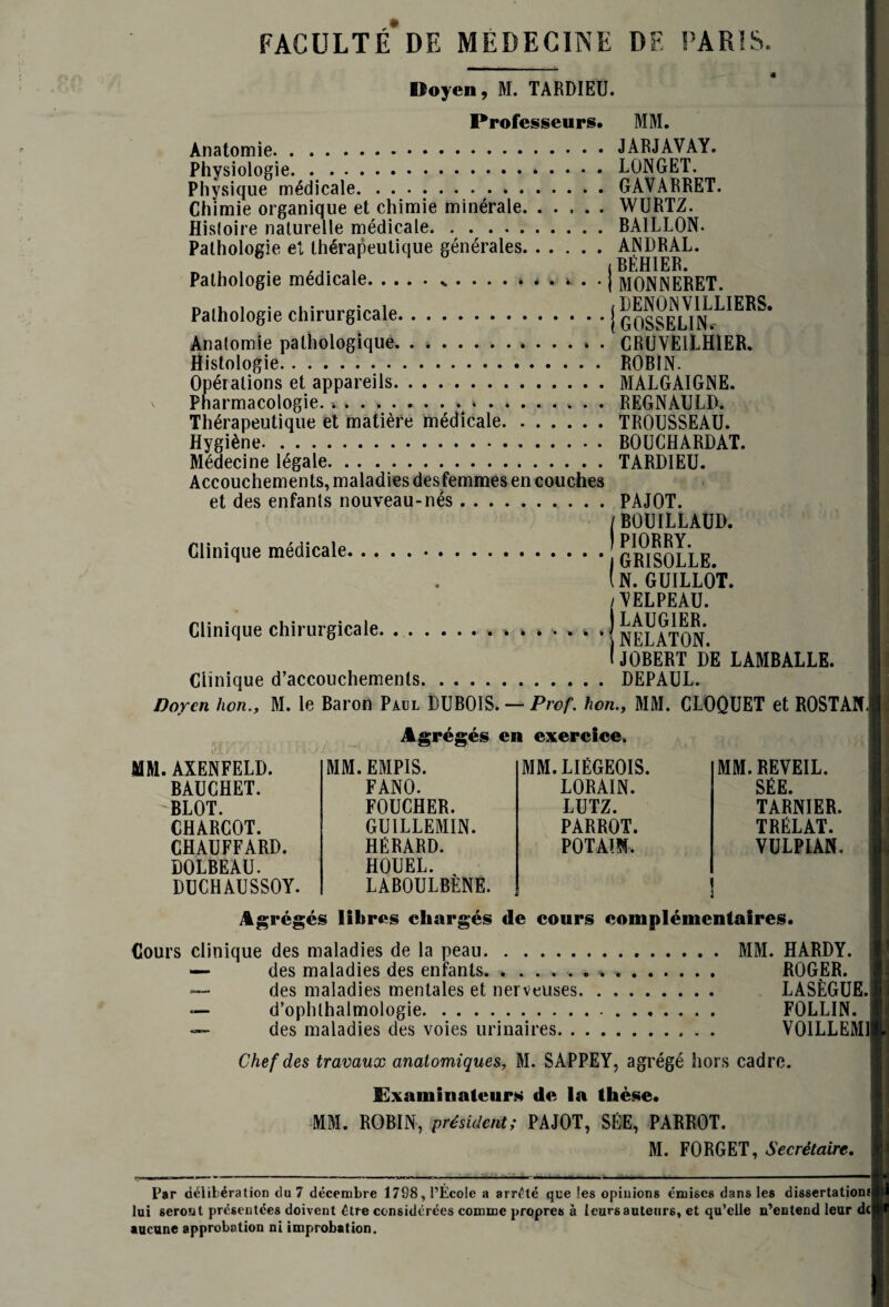 Doyen, M. TARDIEU. Professeurs. MM. Anatomie.JARJAVAY. Physiologie.» . . . . LONGET. Physique médicale.GAVARRET. Chimie organique et chimie minérale. ..... WURTZ. Histoire naturelle médicale.BAILLON. Pathologie et thérapeutique générales.ANDRAL. _ i i BLHIER. Pathologie medicale.. * MONNERET. Pathologie chirurgicale.i GOSSEU^^^* Anatomie pathologique.. CRUVElLHIER. Histologie. ROBIN. Opérations et appareils.MALGAIGNE. Pharmacologie. ».. REGNAULD. Thérapeutique et matière médicale.TROUSSEAU. Hygiène. BOUCHARDAT. Médecine légale.TARDIEU. Accouchements, maladies desfemmes en couches et des enfants nouveau-nés.PAJOT. / BOUILLAUD. Clinique medicale.GRISOLLE. (N. GUILLOT. /VELPEAU. Clinique chirurgicale.. v » 1 nu^tont I JOBERT DE LAMBALLE. Clinique d’accouchements.DEPAUL. Doyen hon., M. le Baron Paul DUBOIS. — Prof, lion., MM. CLOQUET et R0STAN.| Agrégés en exercice. MM. AXENFELD. BAUCHET. BLOT. CHARCOT. CHAUFFARD. DOLBEAU. DUCHAUSSOY. MM. EMPIS. MM. LIÉGEOIS. FANO. LORAIN. FOUCHER. LUTZ. GUILLEMIN. HÉRARD. HOUEL. LABOULBÈNE. PARROT. POTAUt. MM. REVEIL. SÉE. TARNIER. TRÉLAT. VULPIAN. Agrégés libres chargés de cours complémentaires. Cours clinique des maladies de la peau.MM. HARDY. — des maladies des enfants. . ROGER. des maladies mentales et nerveuses. LASÈGUE.I *— d’ophlhalmologie. FOLLIN. des maladies des voies urinaires. . VOILLEMIl Chef des travaux anatomiques, M. SAPPEY, agrégé hors cadre. Examinateurs de la thèse. MM. ROBIN, présidera; PAJOT, SÉE, PARROT. M. FORGET, Secrétaire. Par délibération du 7 décembre 1798, l’École a arrêté que les opinions émises dans les dissertations lui seront présentées doivent être considérées comme propres à leurs auteurs, et qu’elle n’entend leur dd aucune approbation ni improbation.