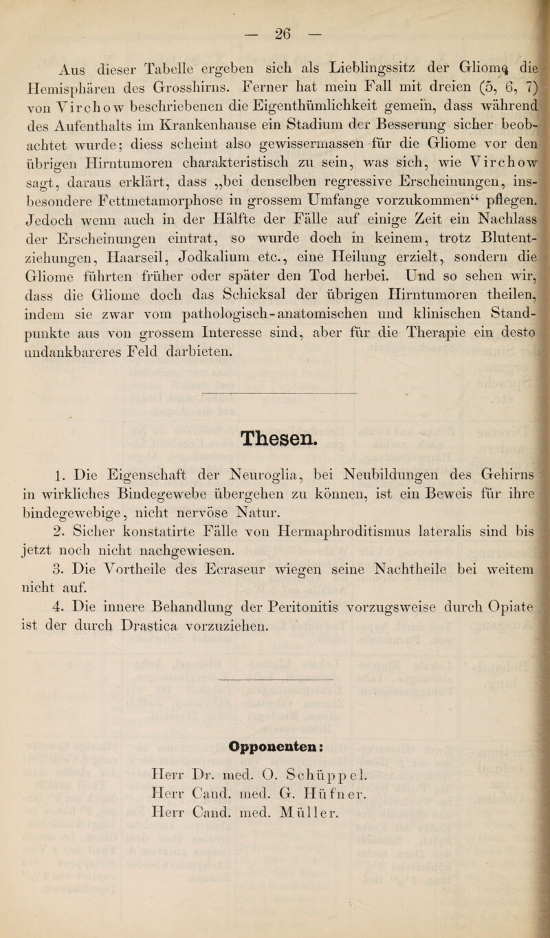 Aus dieser Tabelle ergeben sich als Lieblingssitz der Gliom^ die Hemisphären des Grosshirns. Ferner hat mein Fall mit dreien (5, 6, 7) von Virchow beschriebenen die Eigentümlichkeit gemein, dass während des Aufenthalts im Krankenhause ein Stadium der Besserung sicher beob¬ achtet wurde; diess scheint also gewissermassen für die Gliome vor den übrigen Hirntumoren charakteristisch zu sein, was sich, wie Virehow sagt, daraus erklärt, dass „bei denselben regressive Erscheinungen, ins¬ besondere Fettmetamorphose in grossem Umfange vorzukommen“ pflegen. Jedoch wenn auch in der Hälfte der Fälle auf einige Zeit ein Nachlass der Erscheinungen eintrat, so wurde doch in keinem, trotz Blutent¬ ziehungen, Haarseil, Jodkalium etc., eine Heilung erzielt, sondern die Gliome führten früher oder später den Tod herbei. Und so sehen wir, dass die Gliome doch das Schicksal der übrigen Hirntumoren theilen, indem sie zwar vom pathologisch-anatomischen und klinischen Stand¬ punkte aus von grossem Interesse sind, aber für die Therapie ein desto undankbareres Feld darbieten. Thesen. 1. Die Eigenschaft der Neuroglia, bei Neubildungen des Gehirns in wirkliches Bindegewebe übergehen zu können, ist ein Beweis für ihre bindegewebige, nicht nervöse Natur. 2. Sicher konstatirte Fälle von Hermaphroditismus lateralis sind bis jetzt noch nicht nachgewiesen. 3. Die Vortheile des Ecraseur wiegen seine Nachtheile bei weitem nicht auf. 4. Die innere Behandlung der Peritonitis vorzugsweise durch Opiate ist der durch Drastica vorzuziehen. Opponenten: Herr Dr. med. O. Schüppel. Herr Cand. med. G. Hüfner. Herr Cand. med. Müller.