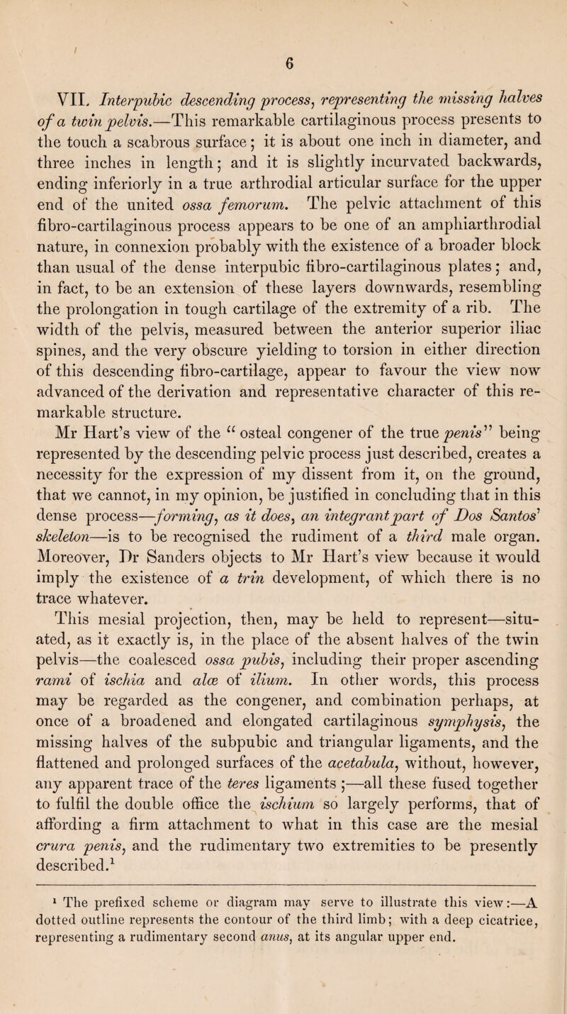 V 6 VII. Interpubic descending process, representing the missing halves of a twin pelvis.—This remarkable cartilaginous process presents to the touch a scabrous surface; it is about one inch in diameter, and three inches in length; and it is slightly incurvated backwards, ending inferiorly in a true arthrodial articular surface for the upper end of the united ossa femorum. The pelvic attachment of this fibro-cartilaginous process appears to be one of an amphiarthrodial nature, in connexion probably with the existence of a broader block than usual of the dense interpubic tibro-cartilaginous plates; and, in fact, to be an extension of these layers downwards, resembling the prolongation in tough cartilage of the extremity of a rib. The width of the pelvis, measured between the anterior superior iliac spines, and the very obscure yielding to torsion in either direction of this descending fibro-cartilage, appear to favour the view now advanced of the derivation and representative character of this re¬ markable structure. Mr Hart’s view of the u osteal congener of the true penis” being- represented by the descending pelvic process just described, creates a necessity for the expression of my dissent from it, on the ground, that we cannot, in my opinion, be justified in concluding that in this dense process—forming, as it does, an integrant part of Dos Santos' skeleton—is to be recognised the rudiment of a third male organ. Moreover, Hr Sanders objects to Mr Hart’s view because it would imply the existence of a trin development, of which there is no trace whatever. This mesial projection, then, may be held to represent—situ¬ ated, as it exactly is, in the place of the absent halves of the twin pelvis—the coalesced ossa pubis, including their proper ascending rami of ischia and alee of ilium. In other words, this process may be regarded as the congener, and combination perhaps, at once of a broadened and elongated cartilaginous symphysis, the missing halves of the subpubic and triangular ligaments, and the flattened and prolonged surfaces of the acetabula, without, however, any apparent trace of the teres ligaments ;—all these fused together to fulfil the double office the ischium so largely performs, that of affording a firm attachment to what in this case are the mesial crura penis, and the rudimentary two extremities to be presently described.1 1 The prefixed scheme or diagram may serve to illustrate this view:—A dotted outline represents the contour of the third limb; with a deep cicatrice, representing a rudimentary second anus, at its angular upper end.