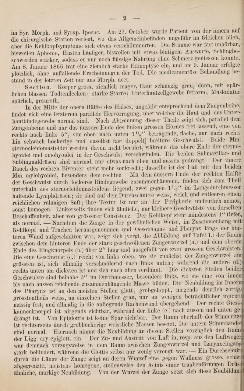 im Syr. Morph, und Syrup. Ipecac. Am 27. October wurde Patient von der innern auf die chirurgische Station verlegt, wo das Allgemeinbetinden ungefähr im Gleichen blieb, aber die Kehlkopfsymptome sich etwas verschlimmerten. Die Stimme war fast unhörbar, bisweilen Aphonie, Husten häufiger, bisweilen mit etwas blutigem Auswurfe, Schlingbe¬ schwerden stärker, sodass er nur noch flüssige Nahrung ohne Schmerz gemessen konnte. Am 8. Januar 1866 trat eine ziemlich starke Hämoptyse ein, und am 9. Januar erfolgte plötzlich, ohne auffallende Erscheinungen der Tod. Die medicamentöse Behandlung be¬ stand in der letzten Zeit nur aus Morph, acet. . Section. Körper gross, ziemlich mager, Haut schmuzig grau, dünn, mit spär¬ lichen blassen Todtenflecken5 starke Starre; Unterhautzellgewebe fettarm; Muskulatur spärlich, grauroth. In der Mitte der obern Hälfte des Halses, ungefähr entsprechend dem Zungenbeine, findet sich eine letzterem parallele Hervorragung, über welcher die Haut und das Lnter- hautbindegewebe normal sind. Nach Abtrennung dieser T heile zeigt sich, parallel dem Zungenbeine und nur das äussere Ende des linken grossen Hornes frei lassend, eine von rechts nach links 5, von oben nach unten l1^ betragende, flache, nur nach rechts hin schwach höckerige und daselbst fast doppelt] breitere Geschwulst. Beide Mm. sternocleidomastoidei werden davon nicht berührt, während das obere Ende der sterno- hyoidei und omohyoidei in der Geschwulst verschwinden. Die beiden Submaxillar- und Sublingualdrüsen sind normal, nur etwas nach oben und aussen gedrängt. Der innere Bauch des rechten Biventer steht mehr senkrecht ; dasselbe ist der Fall mit den beiden Mm. mylohyoidei, besonders dem rechten Mit dem äussern Ende der rechten Hälfte der Geschwulst durch lockeres Bindegewebe zusammenhängend, finden sich zum Theil unterhalb des sternocleidomastoideus liegend, zwei gegen l1]^' im Längsdurchmesser haltende Lymphdrüsen; sie sind auf dem Durchschnitte weiss, weich und entleeren einen reichlichen rahmigen Saft; ihre Textur ist nur an der Peripherie undeutlich acinös, sonst homogen. Linkerseits finden sich ähnliche, nur kleinere Geschwülste von derselben Beschaffenheit, aber von grösserer Consistenz. Der Kehlkopf steht mindestens l/; tiefer, als normal. —Nachdem die Zunge in der gewöhnlichen Weise, im Zusammenhang mit Kehlkopf und Trachea herausgenommen und Oesophagus und Pharynx längs der hin-- teren Wand aufgeschnitten war, zeigt sich (vergl. die Abbildung auf Tafel I.) der Baum zwischen dem hinteren Ende der stark geschwollenen Zungenwurzel (a.) und dem oberen j Ende des Bingknorpels (b.) über 2;/ lang und ausgefüllt von zwei grossen Geschwülsten. Die eine Geschwulst (c.) reicht von links oben, wo sie zunächst der Zungenwurzel am grössten ist, sich allmälig verschmälernd nach links unten; während die andere (d.)! rechts unten am dicksten ist und sich nach oben verdünnt. Die dicksten Stellen beiden Geschwülste sind beinahe 3/; im Durchmesser, besonders links, wo sie eine von innen« bis nach aussen reichende zusammenhängende Masse bilden. Die Neubildung im Innern des Pharynx ist an den meisten Stellen glatt, grobgelappt, nirgends deutlich zottig, grösstentheils weiss, an einzelnen Stellen grau, nur an wenigen beträchtlicher injicirti mässig fest, und allmälig in die anliegende Bachenwand übergehend. Der rechte Giess-: kannenknorpel ist nirgends sichtbar, während der linke (e.) nach aussen und unten ge¬ drängt ist. Von Epiglottis ist keine Spur sichtbar. Der Baum oberhalb der Stimmritze ist rechterseits durch grobhöckerige weissliche Massen besetzt. Die untern Stimmbände sind normal. Hiernach nimmt die Neubildung an diesen Stellen vorzüglich den Baun der Ligg. ary-epiglott. ein. Der Zu- und Austritt von Luft in, resp. aus den Luftwege] i war demnach vorzugsweise in dem Baum zwischen Zungenwurzel und Larynxeingands stark behindert, während die Glottis selbst nur wenig verengt war. — Ein Durchschifft durch die Länge der Zunge zeigt an deren Wurzef eine gegen Wallnuss grosse, schar: I abgegrenzte, meistens homogene, stellenweise den Acinis einer traubenförmigen Drüs i ähnliche, markige Neubildung. Von der Wurzel der Zunge setzt sich diese Neubildun J