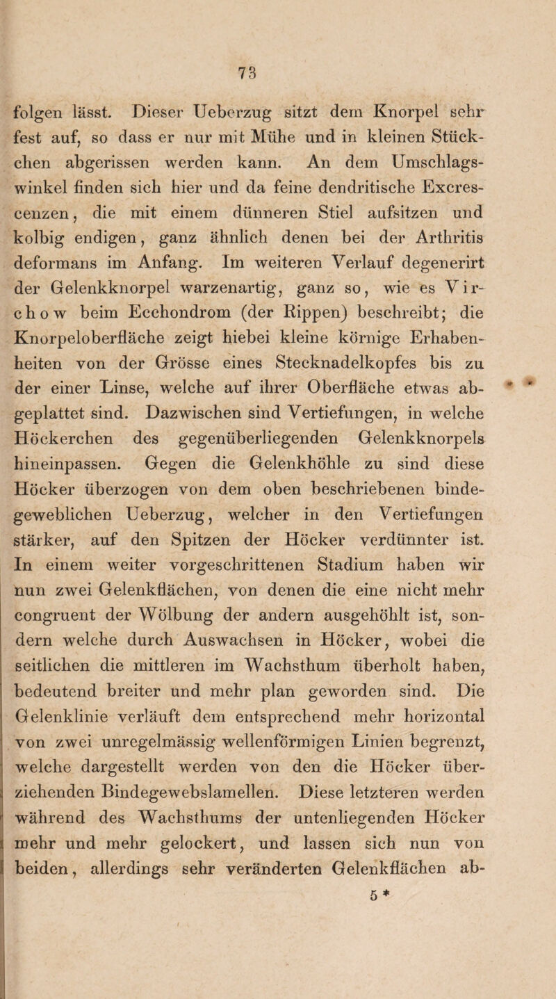 folgen lässt. Dieser Ueberzug sitzt dem Knorpel sehr fest auf, so dass er nur mit Mühe und in kleinen Stück¬ chen abgerissen werden kann. An dem Umschlags¬ winkel finden sich hier und da feine dendritische Excres- cenzen, die mit einem dünneren Stiel aufsitzen und kolbig endigen, ganz ähnlich denen bei der Arthritis deformans im Anfang. Im weiteren Verlauf degenerirt der Gelenkknorpel warzenartig, ganz so, wie es Vir- chow beim Ecchondrom (der Rippen) beschreibt; die Knorpeloberfläche zeigt hiebei kleine körnige Erhaben¬ heiten von der Grösse eines Stecknadelkopfes bis zu der einer Linse, welche auf ihrer Oberfläche etwas ab¬ geplattet sind. Dazwischen sind Vertiefungen, in welche Höckerchen des gegenüberliegenden Gelenkknorpels hineinpassen. Gegen die Gelenkhöhle zu sind diese Höcker überzogen von dem oben beschriebenen binde¬ geweblichen Ueberzug, welcher in den Vertiefungen stärker, auf den Spitzen der Höcker verdünnter ist. In einem weiter vorgeschrittenen Stadium haben wir nun zwei Gelenkflächen, von denen die eine nicht mehr congruent der Wölbung der andern ausgehöhlt ist, son¬ dern welche durch Auswachsen in Höcker, wobei die seitlichen die mittleren im Wachsthum überholt haben, bedeutend breiter und mehr plan geworden sind. Die Gelenklinie verläuft dem entsprechend mehr horizontal von zwei unregelmässig wellenförmigen Linien begrenzt, welche dargestellt werden von den die Höcker über¬ ziehenden Bindegewebslamellen. Diese letzteren werden während des Wachsthums der untenliegenden Höcker mehr und mehr gelockert, und lassen sich nun von beiden, allerdings sehr veränderten Gelenkflächen ab- 5 *