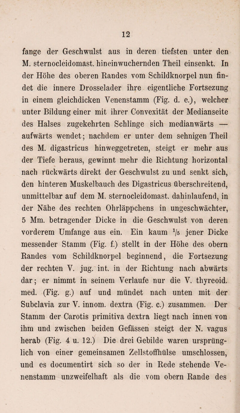 fange der Geschwulst aus in deren tiefsten unter den M. sternocleidomast. hineinwuchernden Theil einsenkt. In der Höhe des oberen Randes vom Schildknorpel nun fin¬ det die innere Drosselader ihre eigentliche Fortsezung in einem gleichdicken Venenstamm (Fig. d. e.), welcher unter Bildung einer mit ihrer Convexität der Medianseite des Halses zugekehrten Schlinge sich medianwärts — aufwärts wendet; nachdem er unter dem sehnigen Theil des M. digastricus hinweggetreten, steigt er mehr aus der Tiefe heraus, gewinnt mehr die Richtung horizontal nach rückwärts direkt der Geschwulst zu und senkt sich, den hinteren Muskelbauch des Digastricus überschreitend, unmittelbar auf dem M. sternocleidomast. dahinlaufend, in der Nähe des rechten Ohrläppchens in ungeschwächter, 5 Mm. betragender Dicke in die Geschwulst von deren vorderem Umfange aus ein. Ein kaum */$ jener Dicke messender Stamm (Fig. f.) stellt in der Höhe des obern Randes vom Schildknorpel beginnend, die Fortsezung der rechten V. jug. int. in der Richtung nach abwärts dar; er nimmt in seinem Verlaufe nur die V. thyreoid. med. (Fig. g.) auf und mündet nach unten mit der Subclavia zur V. innom. dextra (Fig. c.) zusammen. Der Stamm der Carotis primitiva dextra liegt nach innen von ihm und zwischen beiden Gefässen steigt der N. vagus herab (Fig. 4 u. 12.) Die drei Gebilde waren ursprüng¬ lich von einer gemeinsamen Zellstoffhülse umschlossen, und es documentirt sich so der in Rede stehende Ve¬ nenstamm unzweifelhaft als die vom obern Rande des