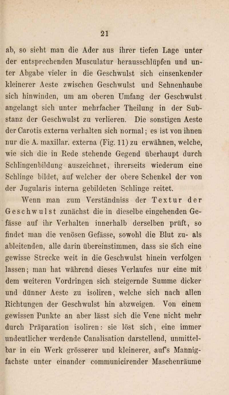 ab, so sieht man die Ader aus ihrer tiefen Lage unter der entsprechenden Musculatur herausschlüpfen und un¬ ter Abgabe vieler in die Geschwulst sich einsenkender kleinerer Aeste zwischen Geschwulst und Sehnenhaube sich hinwinden, um am oberen Umfang der Geschwulst angelangt sich unter mehrfacher Theilung in der Sub¬ stanz der Geschwulst zu verlieren. Die sonstigen Aeste der Carotis externa verhalten sich normal; es ist von ihnen nur die A. maxillar. externa (Fig. 11) zu erwähnen, welche, wie sich die in Rede stehende Gegend überhaupt durch Schlingenbildung auszeichnet, ihrerseits wiederum eine Schlinge bildet, auf welcher der obere Schenkel der von der Jugularis interna gebildeten Schlinge reitet. Wenn man zum Verständniss der Textur der Geschwulst zunächst die in dieselbe eingehenden Ge- fässe auf ihr Verhalten innerhalb derselben prüft, so findet man die venösen Gefässe, sowohl die Blut zu- als ableitenden, alle darin übereinstimmen, dass sie sich eine gewisse Strecke weit in die Geschwulst hinein verfolgen lassen; man hat während dieses Verlaufes nur eine mit dem weiteren Vordringen sich steigernde Summe dicker und dünner Aeste zu isoliren, welche sich nach allen Richtungen der Geschwulst hin abzweigen. Von einem gewissen Punkte an aber lässt sich die Vene nicht mehr durch Präparation isoliren: sie löst sich, eine immer undeutlicher werdende Canalisation darstellend, unmittel¬ bar in ein Werk grösserer und kleinerer, aufs Mannig¬ fachste unter einander communicirender Maschenräume