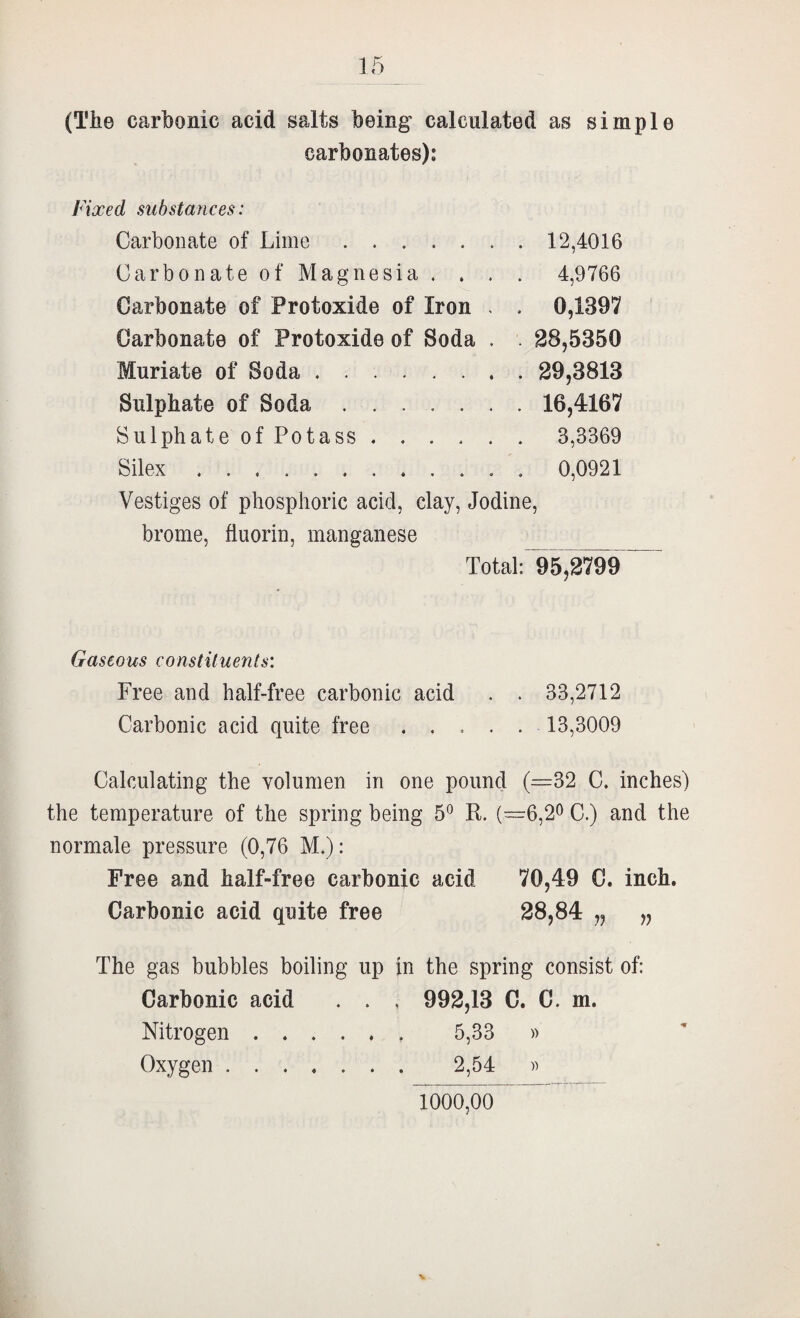 (The carbonic acid salts being calculated as simple carbonates): Fixed substances: Carbonate of Lime.12,4016 Carbonate of Magnesia. . . . 4,9766 Carbonate of Protoxide of Iron , . 0,1397 Carbonate of Protoxide of Soda . . 28,5350 Muriate of Soda. 29,3813 Sulphate of Soda.16,4167 Sulphate of Potass. 3,3369 Silex. 0,0921 Vestiges of phosphoric acid, clay, Jodine, brome, fiuorin, manganese Total:~^,2^9 Gaseous constituents'. Free and half-free carbonic acid . . 33,2712 Carbonic acid quite free ..... 13,3009 Calculating the volumen in one pound (—32 C. inches) the temperature of the spring being 5^ R. (—6,2^ C.) and the normale pressure (0,76 M.): Free and half-free carbonic acid 70,49 C. inch. Carbonic acid quite free 28,84 „ „ The gas bubbles boiling up in the spring consist of: Carbonic acid . . , 992,13 C. C. m. Nitrogen. 5,33 » Oxygen. 2,54 » 1000,00