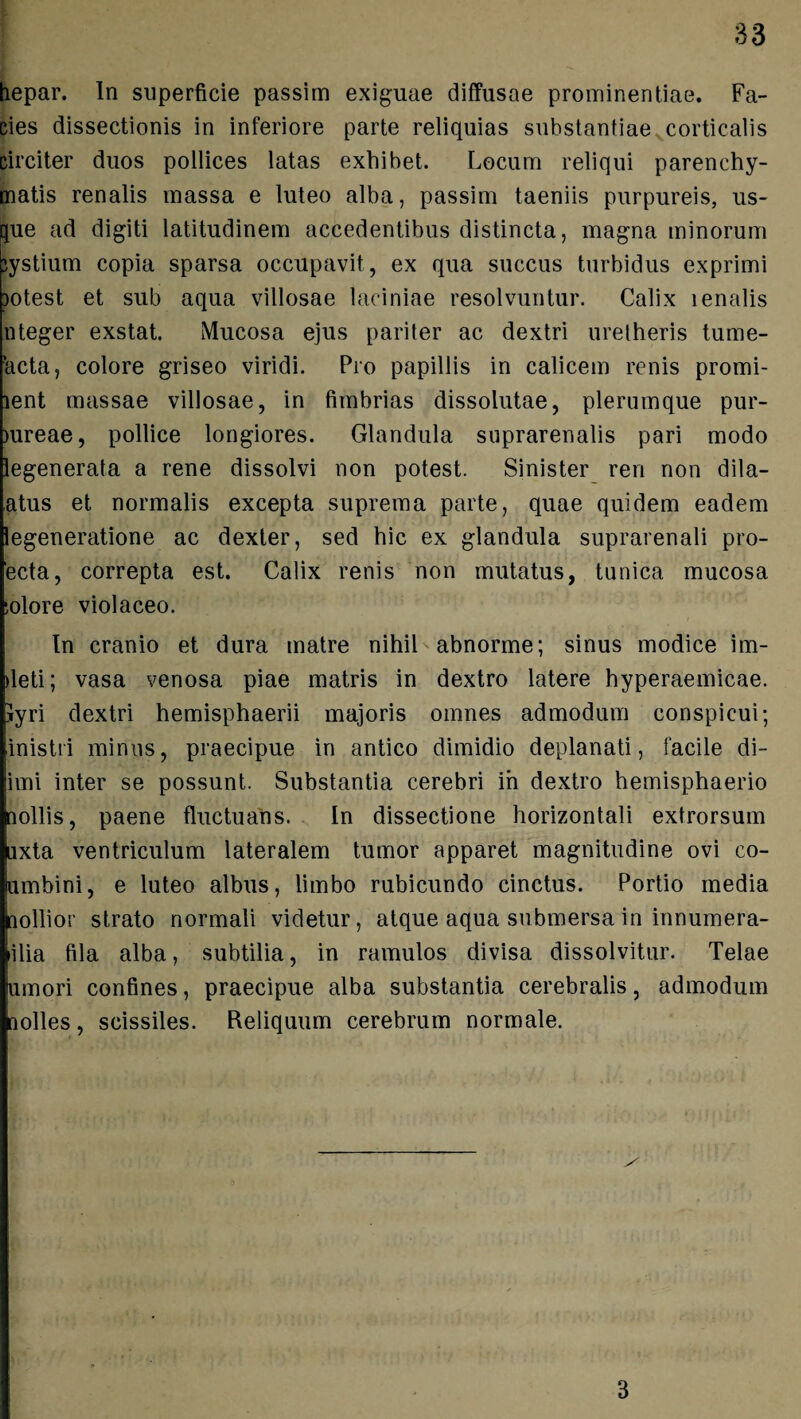 hepar. In superficie passim exiguae diffusae prominentiae. Fa¬ cies dissectionis in inferiore parte reliquias substantiae corticalis circiter duos pollices latas exhibet. Locum reliqui parenchy¬ matis renalis massa e luteo alba, passim taeniis purpureis, us- pie ad digiti latitudinem accedentibus distincta, magna minorum jystium copia sparsa occupavit, ex qua succus turbidus exprimi )otest et sub aqua villosae laciniae resolvuntur. Calix lenalis nteger exstat. Mucosa ejus pariter ac dextri uretheris tume- acta, colore griseo viridi. Pro papillis in calicem renis promi- lent massae villosae, in fimbrias dissolutae, plerumque pur- mreae, pollice longiores. Glandula suprarenalis pari modo legenerata a rene dissolvi non potest. Sinister ren non dila- atus et normalis excepta suprema parte, quae quidem eadem legeneratione ac dexter, sed hic ex glandula suprarenali pro¬ fecta, correpta est. Calix renis non mutatus, tunica mucosa ;olore violaceo. In cranio et dura matre nihil' abnorme; sinus modice im- deti; vasa venosa piae matris in dextro latere hyperaemicae. lyri dextri hemisphaerii majoris omnes admodum conspicui; inisti i minus, praecipue in antico dimidio deplanati, facile di- imi inter se possunt. Substantia cerebri in dextro hemisphaerio nollis, paene fluctuans. In dissectione horizontali extrorsum uxta ventriculum lateralem tumor apparet magnitudine ovi co¬ lumbini, e luteo albus, limbo rubicundo cinctus. Portio media (lollior strato normali videtur, atque aqua submersa in innumera- lilia fila alba, subtilia, in ramulos divisa dissolvitur. Telae umori confines, praecipue alba substantia cerebralis, admodum nolles, scissiles. Reliquum cerebrum normale. 3