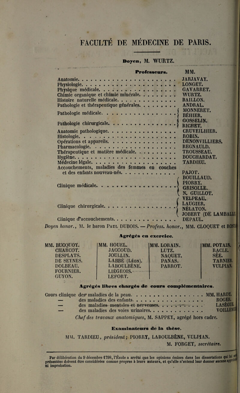 Doyen, M. WURTZ. Professeurs. MM. Anatomie. JARJAVAY. Physiologie. LONGET. Physique médicale. GAYARRET. Chimie organique et chimie minérale. WURTZ. Histoire naturelle médicale. BAILLON. Pathologie et thérapeutique générales. ANDRAL. .p. .i , . ... . ( MONNERET. Pathologie médicale.j BÉHIER Pathologie chirurgicale.j ricHET^* Anatomie pathologique. CRUVEILHIER. Histologie... ROBIN. Opérations et appareils. DENONVILL1ERS. Pharmacologie. REGNAULD. Thérapeutique et matière médicale. TROUSSEAU. Hygiène. BOUCHARDAT. Médecine légale. TARDIEU. Accouchements, maladies des femmes en couches et des enfants nouveau-nés... PAJOT. BOUILLAUD. Clinique medicale.\ q^sOLLE. N. GUILLOT. VELPEAU. Clinique chirurgicale.J né^aton* JOBERT (DE LAMBALLE; Clinique d’accouchements.’ DE PAUL. Doyen honor., M. le baron Paul DUBOIS. — Profess. honorMM. CLOQUET et ROSI Agrégés en exercice. BUCQUOY. MM. HOUEL. MM. LORAIN. CHARCOT. JACCOUD. LUTZ. DESPLATS. JOULLIN. NAQUET. DE SEYNES. LABBÉ (Léon). PANAS. DOLBEAU. LABOULBÈNE. PARROT. FOURNIER. LIÉGEOIS. GUYON. LE FORT. MM. POT AIN. RACLE. SÉE. TARNIER. VULPIAN. Agrégés libres chargés de cours complémentaires. Cours clinique des* maladies de la peau.MM. HARDY. — des maladies des enfants.. ROGER. — des maladies mentales et nerveuses. . . . . .... LASÈGUE, — des maladies des voies urinaires. VOILLEME Chef des travaux anatomiques, M. SAPPEY, agrégé hors cadre. Examinateurs de la thèse. MM. TARDIEU, président; PIORRY, LABOULBÈNE, VULPIAN. M. FORGET, secrétaire. Par délibération du 9 décembre 1798, l’École a arrêté que les opinions émises dans les dissertations qui présentées doivent être considérées comme propres à leurs auteurs, et qu’elle n’entend leur donner aucune apr ni improbation.