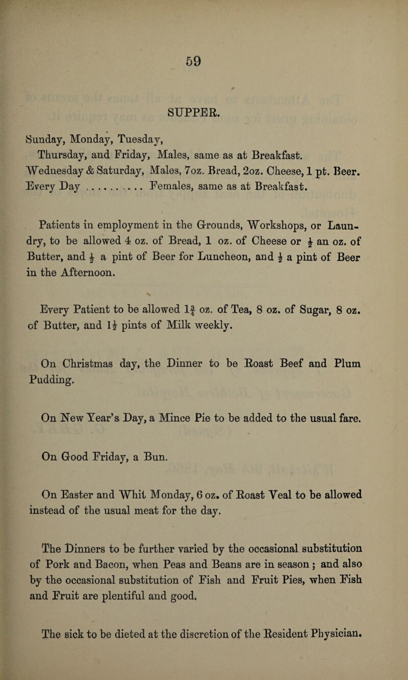 SUPPER. Sunday, Monday, Tuesday, Thursday, and Friday, Males, same as at Breakfast. Wednesday & Saturday, Males, 7oz. Bread, 2oz. Cheese, 1 pt. Beer. Every Day.Females, same as at Breakfast. Patients in employment in the Grounds, Workshops, or Laun¬ dry, to be allowed 4 oz. of Bread, 1 oz. of Cheese or £ an oz. of Butter, and \ a pint of Beer for Luncheon, and £ a pint of Beer in the Afternoon. Every Patient to be allowed If oz. of Tea, 8 oz. of Sugar, 8 oz. of Butter, and l£ pints of Milk weekly. On Christmas day, the Dinner to be Roast Beef and Plum Pudding. On New Year’s Day, a Mince Pie to be added to the usual fare. On Good Friday, a Bun. On Easter and Whit Monday, 6 oz. of Roast Yeal to be allowed instead of the usual meat for the day. The Dinners to be further varied by the occasional substitution of Pork and Bacon, when Peas and Beans are in season ; and also by the occasional substitution of Fish and Fruit Pies, when Fish and Fruit are plentiful and good. The sick to be dieted at the discretion of the Resident Physician.