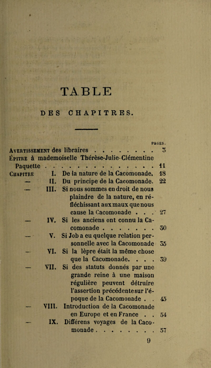 TABLE DES CHAPITRES. PAGES. Avertissement des libraires.5 Épitre à mademoiselle Thérèse-Julie-Clémentine Paquette.41 Chapitre I. De la nature de la Cacomonade. 18 — II. Du principe de la Cacomonade. 22 — III. Si nous sommes en droit de nous plaindre de la nature, en ré¬ fléchissant aux maux que nous cause la Cacomonade . . . 27 IV. Si les anciens ont connu la Ca¬ comonade .50 V. Si Job a eu quelque relation per¬ sonnelle avec la Cacomonade 55 VI. Si la lèpre était la même chose que la Cacomonade. ... 59 VII. Si des statuts donnés par une grande reine à une maison régulière peuvent détruire l’assertion précédente sur l’é¬ poque de la Cacomonade . . 45 VIII. Introduction de la Cacomonade en Europe et en France . . 54 IX. Différens voyages de la Caco¬ monade .57 9