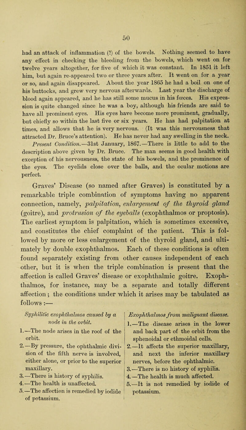had an attack of inflammation (?) of the bowels. Nothing seemed to have any effect in checking the bleeding from the bowels, which went on for twelve years altogether, for five of which it wTas constant. In 1851 it left him, but again re-appeared two or three years after. It went on for a year or so, and again disappeared. About the year 1865 he had a boil on one of his buttocks, and grew very nervous afterwards. Last year the discharge of blood again appeared, and he has still some mucus in his foeces. His expres¬ sion is quite changed since he was a boy, although his friends are said to have all prominent eyes. His eyes have become more prominent, gradually, but chiefly so within the last five or six years. He has had palpitation at times, and allows that he is very nervous. (It was this nervousness that attracted Dr. Bruce’s attention). He has never had any swelling in the neck. Present Condition.—31st January, 1867.—There is little to add to the description above given by Dr. Bruce. The man seems in good health with exception of his nervousness, the state of his bowels, and the prominence of the eyes. The eyelids close over the balls, and the ocular motions are perfect. Graves’ Disease (so named after Graves) is constituted by a remarkable triple combination of symptoms having no apparent connection, namely, palpitation, enlargement of the thyroid gland (goitre), and protrusion of the eyeballs (exophthalmos or proptosis). The earliest symptom is palpitation, which is sometimes excessive, and constitutes the chief complaint of the patient. This is fol¬ lowed by more or less enlargement of the thyroid gland, and ulti¬ mately by double exophthalmos. Each of these conditions is often found separately existing from other causes independent of each other, but it is when the triple combination is present that the affection is called Graves’ disease or exophthalmic goitre. Exoph¬ thalmos, for instance, may be a separate and totally different affection; the conditions under which it arises may be tabulated as follows :— Exophthalmos from malignant disease. 1. —The disease arises in the lower and back part of the orbit from the sphenoidal or ethmoidal cells. 2. —It affects the superior maxillary, and next the inferior maxillary nerves, before the ophthalmic. 3. —There is no history of syphilis. 4. —The health is much affected. 5. —It is not remedied by iodide of potassium. of potassium. I Syphilitic exophthalmos caused by a node in the orbit. 1. —The node arises in the roof of the orbit. 2. —By pressure, the ophthalmic divi¬ sion of the fifth nerve is involved, either alone, or prior to the superior maxillary. 3. —There is history of syphilis. 4. —The health is unaffected. 5. —The affection is remedied bv iodide