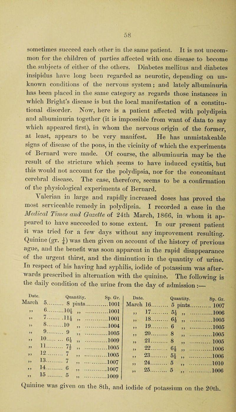 sometimes succeed each other in the same patient. It is not uncom¬ mon for the children of parties affected with one disease to become the subjects of either of the others. Diabetes mellitus and diabetes insipidus have long been regarded as neurotic, depending on un¬ known conditions of the nervous system; and lately albuminuria has been placed in the same category as regards those instances in which Bright’s disease is but the local manifestation of a constitu¬ tional disorder. Now, here is a patient affected with polydipsia and albuminuria together (it is impossible from want of data to say which appeared first), in whom the nervous origin of the former, at least, appears to be very manifest. He has unmistakeable signs of disease of the pons, in the vicinity of which the experiments of Bernard were made. Of course, the albuminuria may be the result of the stricture which seems to have induced cystitis, but this would not account for the polydipsia, nor for the concomitant ceiehral disease. The case, therefore, seems to be a confirmation of the physiological experiments of Bernard. Valerian in large and rapidly increased doses has proved the most serviceable remedy in polydipsia. I recorded a case in the Medical Times and Gazette of 24th March, 1866, in whom it ap¬ peared to have succeeded to some extent. In our present patient it was tried for a few days without any improvement resulting. Quinine (gr. £) was then given on account of the history of previous ague, and the benefit was soon apparent in the rapid disappearance of the urgent thirst, and the diminution in the quantity of urine. In respect of his having had syphilis, iodide of potassium was after¬ wards prescribed in alternation with the quinine. The following is the daily condition of the urine from the day of admission :— Date. Quantity. Sp. Gr. Date. Quantity. Sp. Gr. March 5.... .1001 March 16. .... 5 pints. . 1007 9 9 6.... ■•■■104 9 9 . .1001 9 9 17. ... 5i 99 . .1006 9 9 7.... •• ID 99 . .1001 9 9 18. .... 64 99 . .1005 99 8. ...10 9 9 . .1004 9 9 19. .... 6 9 9 . .1005 99 9. .... 9 9 9 . .1005 9 9 20. .... 8 9 9 . .1005 9 9 10. ... 6k 99 . .1009 99 21. .... 8 9 9 . . 1005 99 11. .... 74 99 . .1005 99 22. • 64 9 9 . .1006 9 9 12. .... 7 9 9 . .1005 9 9 23. ... 54 9 9 . .1006 99 13. .... 7 9 9 . .1007 9 9 24. ... 5 9 9 ...... .1010 9 9 14. .... 6 9 9 . .1007 9 9 25. ... 5 9 9 . .1006 9 9 15 .... .... 5 99 . Quinine was given on the 8th, and iodide of potassium on the 20th.