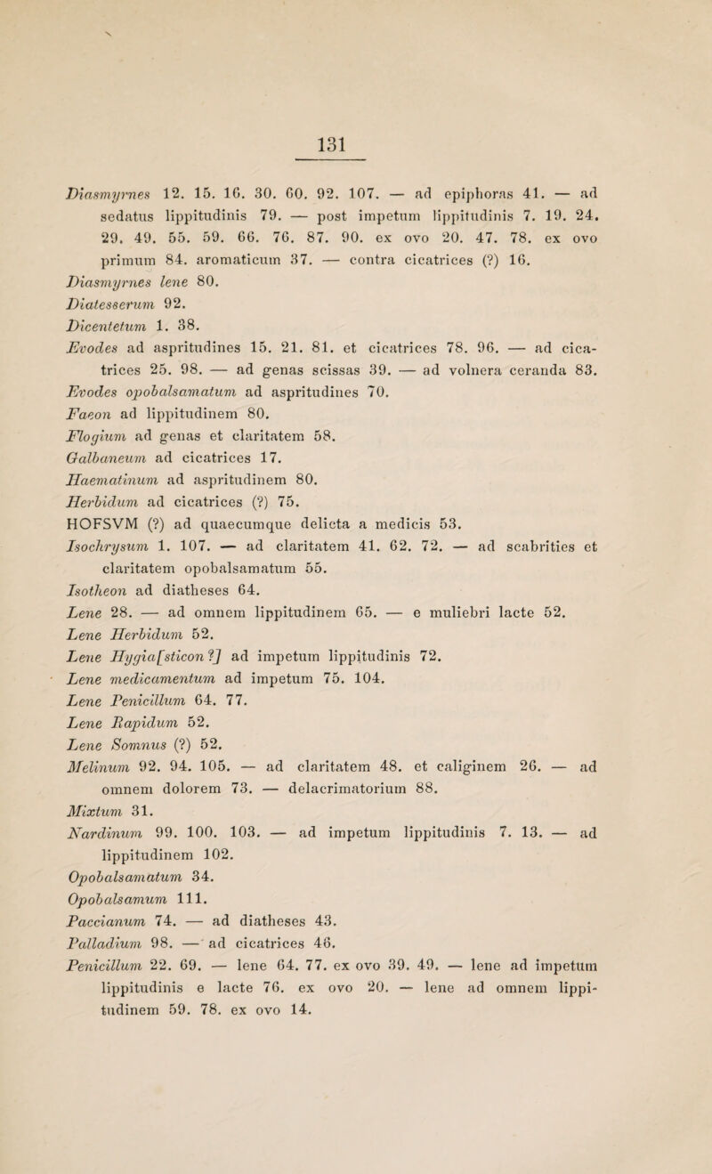 Diasmyrnes 12. 15. IG. 30. GO. 92. 107. — ad epiphoras 41. — ad sedatus lippitudinis 79. — post impetum lippitudinis 7. 19. 24. 29. 49. 55. 59. 6G. 76. 87. 90. ex ovo 20. 47. 78. ex ovo primum 84. aromaticutn 37. — contra cicatrices (?) 16. Diasmyrnes lene 80. Diatesserum 92. Dicentetum 1. 38. Evodes ad aspritudines 15. 21. 81. et cicatrices 78. 96. — ad cica¬ trices 25. 98. — ad genas scissas 39. — ad volnera ceranda 83. Evodes opobalsamatum ad aspritudines 70. Faeon ad lippitudinem 80. Flogium ad genas et elaritatem 58. Galbaneum ad cicatrices 17. Haematinum ad aspritudinem 80. Herbidum ad cicatrices (?) 75. HOFSVM (?) ad quaecumque delicta a medicis 53. Isochrysum 1. 107. — ad elaritatem 41. 62. 72. — ad scabrities et elaritatem opobalsamatum 55. Isotheon ad diatheses 64. Lene 28. — ad omuem lippitudinem 65. — e muliebri lacte 52. Lene Herbidum 52. Lene Hygia[sticon ?J ad impetum lippitudinis 72. Lene medicamentum ad impetum 75. 104. Lene Penicillum 64. 77. Lene Rapidum 52. Lene Somnus (?) 52. Melinum 92. 94. 105. — ad elaritatem 48. et caliginem 26. — ad omnem dolorem 73. — delacrimatoriuin 88. Mixtum 31. Nardinum 99. 100. 103. — ad impetum lippitudinis 7. 13. — ad lippitudinem 102. Opobalsamatum 34. Opobalsamum 111. Paccianum 74. — ad diatheses 43. Palladium 98. — ad cicatrices 46. Penicillum 22. 69. — lene 64. 77. ex ovo 39. 49. — lene ad impetum lippitudinis e lacte 76. ex ovo 20. — lene ad omnem lippi¬ tudinem 59. 78. ex ovo 14.
