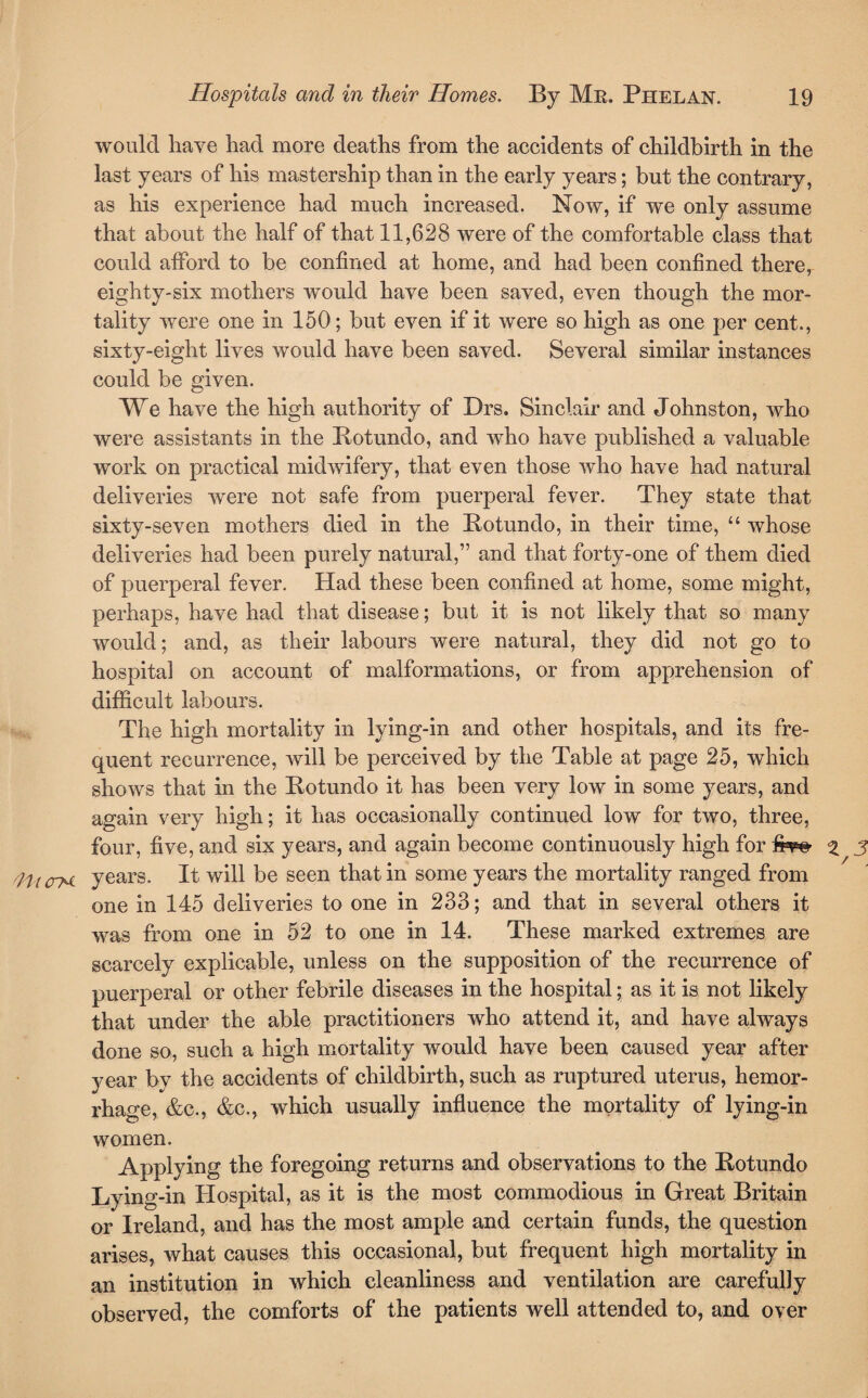 would have had more deaths from the accidents of childbirth in the last years of his mastership than in the early years; but the contrary, as his experience had much increased. Now, if we only assume that about the half of that 11,628 were of the comfortable class that could afford to be confined at home, and had been confined there, eighty-six mothers would have been saved, even though the mor¬ tality were one in 150; but even if it were so high as one per cent., sixty-eight lives would have been saved. Several similar instances could be given. We have the high authority of Drs. Sinclair and Johnston, who were assistants in the Rot undo, and who have published a valuable work on practical midwifery, that even those who have had natural deliveries were not safe from puerperal fever. They state that sixty-seven mothers died in the Rotundo, in their time, “ whose deliveries had been purely natural,” and that forty-one of them died of puerperal fever. Had these been confined at home, some might, perhaps, have had that disease; but it is not likely that so many would; and, as their labours were natural, they did not go to hospital on account of malformations, or from apprehension of difficult labours. The high mortality in lying-in and other hospitals, and its fre¬ quent recurrence, will be perceived by the Table at page 25, which shows that in the Rotundo it has been very low in some years, and again very high; it has occasionally continued low for two, three, four, five, and six years, and again become continuously high for % 3 diicr><i years. It will be seen that in some years the mortality ranged from one in 145 deliveries to one in 233; and that in several others it was from one in 52 to one in 14. These marked extremes are scarcely explicable, unless on the supposition of the recurrence of puerperal or other febrile diseases in the hospital; as it is not likely that under the able practitioners who attend it, and have always done so, such a high mortality would have been caused year after year by the accidents of childbirth, such as ruptured uterus, hemor¬ rhage, &c., &c., which usually influence the mortality of lying-in women. Applying the foregoing returns and observations to the Rotundo Lying-in Hospital, as it is the most commodious in Great Britain or Ireland, and has the most ample and certain funds, the question arises, what causes this occasional, but frequent high mortality in an institution in which cleanliness and ventilation are carefully observed, the comforts of the patients well attended to, and over