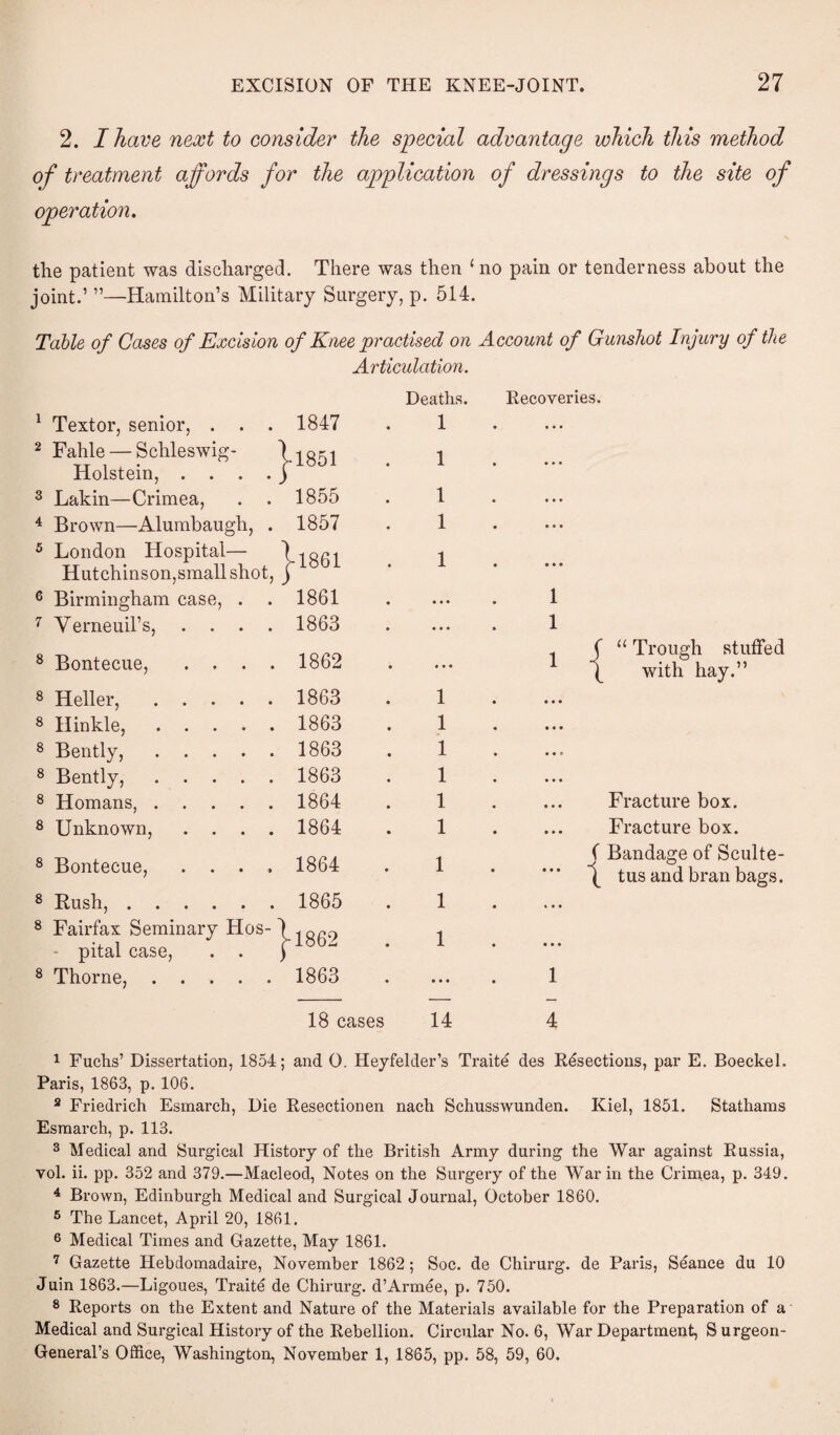 2. I have next to consider the special advantage which this method of treatment affords for the application of dressings to the site of operation. the patient was discharged. There was then ‘no pain or tenderness about the joint.’ ”—Hamilton’s Military Surgery, p. 514. Table of Cases of Excision of Knee practised on Account of Gunshot Injury of the Articulation. Deaths. Recoveries. 1 Textor, senior, . . . 1847 1 • • • 2 Fahle — Schleswig- ' -1851 1 Holstein, . . . . 3 Lakin—Crimea, 1855 1 • • • 4 Brown—Alumbaugh, . 1857 1 • • • 5 London Hospital— j-1861 1 Hutchinson,small shot, • j. • • • • 6 Birmingham case, . 1861 • • • • • 1 7 Verneuil’s, .... 1863 • • • • • 1 8 Bontecue, .... 1862 • • • • 1 ( “ Trough stuffed \ with hay.” 8 Heller,. 1863 1 3 Hinkle,. 1863 1 8 Bently,. 1863 1 ... 8 Bently,. 1863 1 8 Homans,. 1864 1 Fracture box. 8 Unknown, .... 1864 1 Fracture box. 8 Bontecue, .... 1864 1 ( Bandage of Sculte- ( tus and bran bags. 8 Rush,. 1865 1 8 Fairfax Seminary Hos-1 - pital case, . . J >•1862 1 ... 8 Thorne,. 1863 • • • • • 1 18 cases 14 4 1 Fuchs’ Dissertation, 1854; and 0. Heyfelder’s Traite des Resections, par E. Boeckel. Paris, 1863, p. 106. 2 Friedrich Esmarch, Die Resectionen nach Schusswunden. Kiel, 1851. Stathams Esmarch, p. 113. 3 Medical and Surgical History of the British Army during the War against Russia, vol. ii. pp. 352 and 379.—Macleod, Notes on the Surgery of the War in the Crimea, p. 349. 4 Brown, Edinburgh Medical and Surgical Journal, October 1860. 5 The Lancet, April 20, 1861. 6 Medical Times and Gazette, May 1861. 7 Gazette Hebdomadaire, November 1862 ; Soc. de Chirurg. de Paris, Seance du 10 Juin 1863.—Ligoues, Traite de Chirurg. d’Armee, p. 750. 8 Reports on the Extent and Nature of the Materials available for the Preparation of a Medical and Surgical History of the Rebellion. Circular No. 6, War Department, S urgeon- General’s Office, Washington, November 1, 1865, pp. 58, 59, 60.