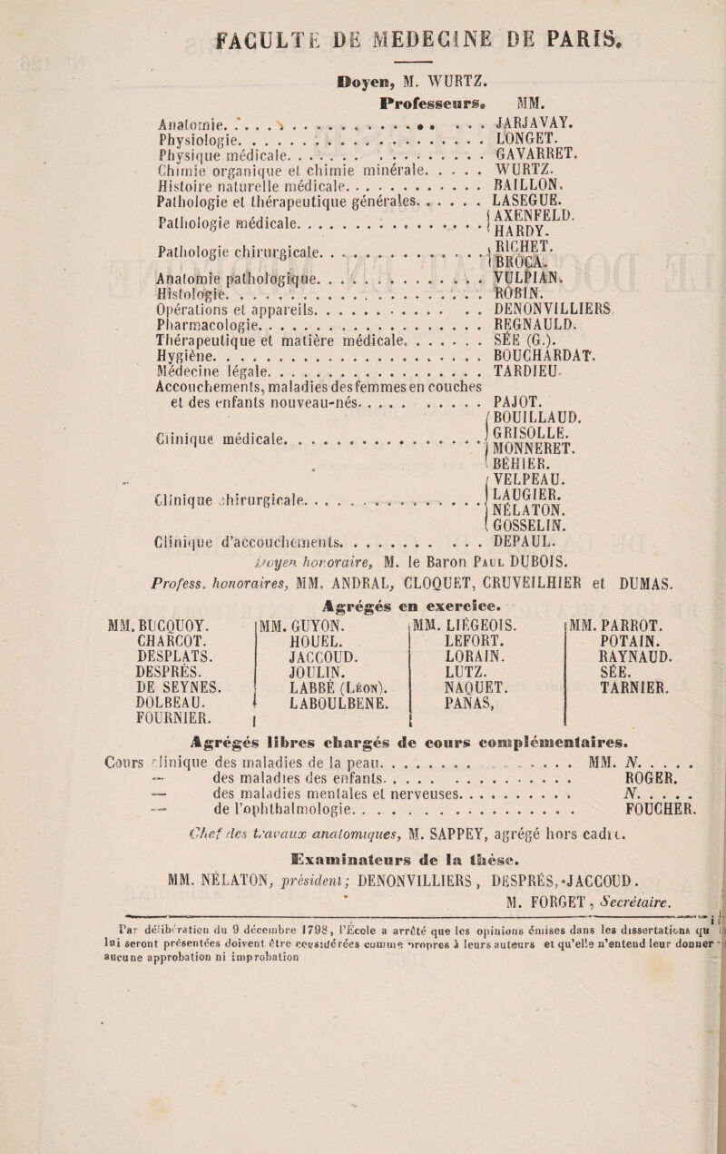 Doyen, M. WURTZ. Ppofesseups® MM. Anatomie.v.. ... JARJAVAY. Physiologie. LONGET. Physique médicale. ........ . GAVARRET, Chimie organique et chimie minérale.WURTZ. Histoire naturelle médicale. ..BAILLON. Pathologie et thérapeutique générales.LASEGUE. Pathologie médicale.. J Pathologie chirurgicale.• I îîniflPJ' Anatomie pathologique. . ..VULPIÂN. Histologie.ROBIN. Opérations et appareils.DEN0NV1LLIERS Pharmacologie.REGNAULD. Thérapeutique et matière médicale. ...... SÉE (G.). Hygiène.. BOUCHARDAT, Médecine légale..TARDIEU Accouchements, maladies des femmes en couches et des enfants nouveau-nés. .... .PAJOT. IBOUILLAUD. Clinique medicale. ... * i MON NE R ET, 1BÉHIER. /VELPEAU. Clinique chirurgicale. ............. • I hj Li A1. UJN • GOSSELIN. Clinique d’accouchements.DEPAUL. Doyen honoraire, M. le Baron Paul DUBOIS. Profess. honoraires, MM. ANDRAL, CLOQUET, CRUVE1LH1ER et DUMAS. Agrégés en exercice. MM, BUCQUOY. MM. GUYON. MM. LIÉGEOIS. CHARCOT. HOUEL. LEFORT. DESPLATS. JACCOUD. LORAIN. DESPRÈS. JOULIN. LUTZ. DE SEYNES. LABBÈ (Léon). NAOUET. DOLBEAU. LABOULBENE. PANAS, FOURNIER. j MM. PARROT. POTAIN. RAYNAUD. SÉE. TARNIER. Cours /igrégés libres chargés «le cours complémentaires. inique des maladies de la peau. ........ MM. N. des maladies des enfants. ROGER. des maladies mentales el nerveuses. .. N. de l’ophthalmologie... FOUCHER. Chef des travaux anatomiques, M. SAPPEY, agrégé hors caduc. Examinateurs de la thèse. MM. NÉ L AT ON; président; DENONVILLIERS , DESPRÉS,-JACCOUD . M. FORGET, Secrétaire. J Far délibération du 9 décembre 1798, l’École a arrête que les opinions émises dans les dissertations qu lai seront présentées doivent être coi/Sîiüérées comme propres A leurs auteurs et qu’elle n’entend leur donner aucune approbation ni improbation rî