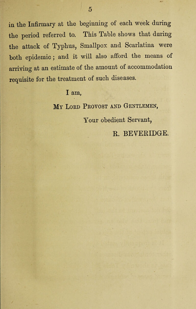 in the Infirmary at the beginning of each week during the period referred to. This Table shows that during the attack of Typhus, Smallpox and Scarlatina were both epidemic ; and it will also afford the means of arriving at an estimate of the amount of accommodation requisite for the treatment of such diseases. I am, My Lord Provost and Gentlemen, Your obedient Servant, R. BEVERIDGE.