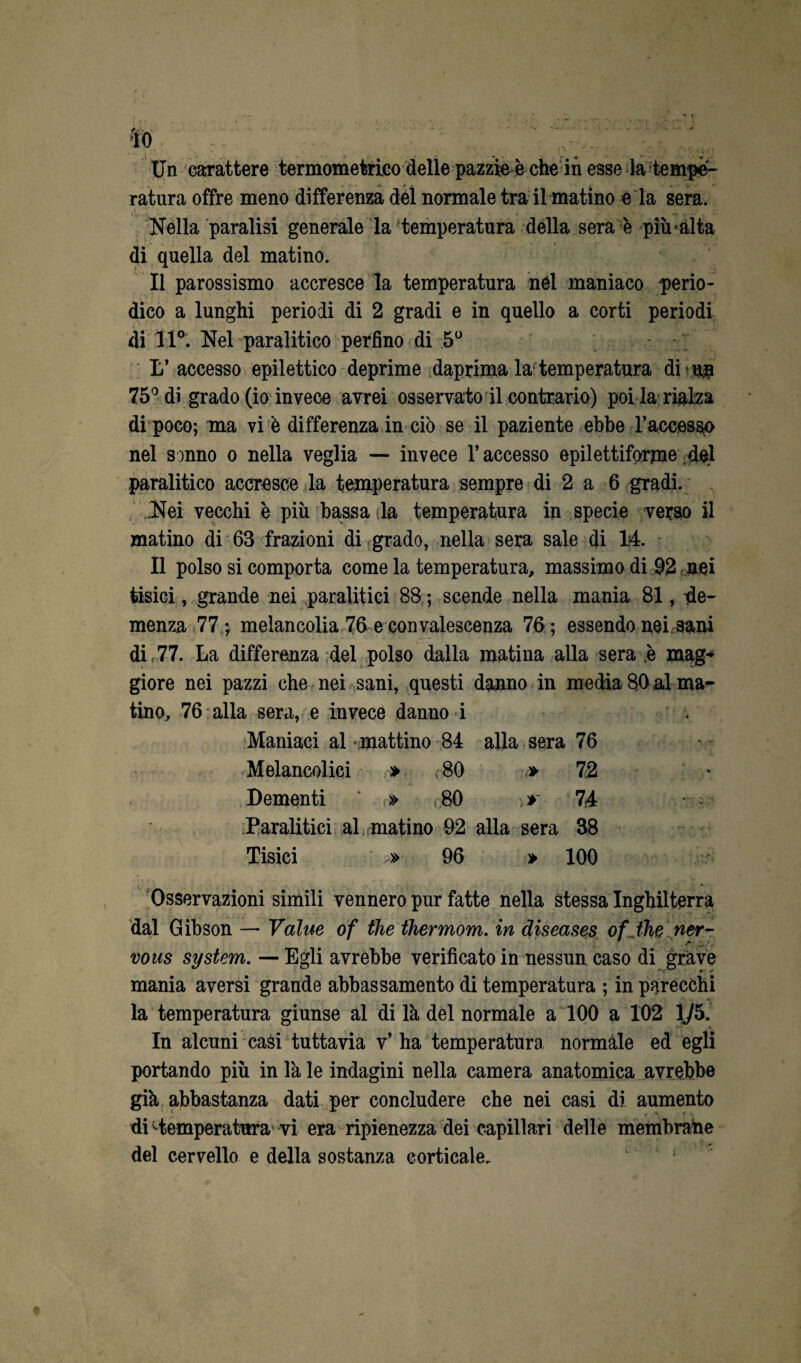 io Un carattere termometrico delle pazzie è che in esse la tempe¬ ratura offre meno differenza del normale tra il matino e la sera. ,i . • ........ Nella paralisi generale la temperatura della sera è più-àlta di quella del matino. Il parossismo accresce la temperatura nel maniaco -perio¬ dico a lunghi periodi di 2 gradi e in quello a corti periodi di 11°. Nel paralitico perfino di 5° L’ accesso epilettico deprime daprima la temperatura di un 75° di grado (io invece avrei osservato il contrario) poi 1^ rialza di poco; ma vi è differenza in ciò se il paziente ebbe raccosto nel sonno o nella veglia — invece l’accesso epilettiforjne del paralitico accresce la temperatura sempre di 2 a 6 gradi. Nei vecchi è più bassa la temperatura in specie verso il matino di 63 frazioni di grado, nella sera sale di 14. Il polso si comporta come la temperatura, massimo di 92 nei tisici, grande nei paralitici 88 ; scende nella mania 81, de¬ menza 77; melancolia 76 e convalescenza 76; essendo nei sani di, 77. La differenza del polso dalla matina alla sera è mag* giore nei pazzi che nei sani, questi danno in media 80 al ma- tino, 76 alla sera, e invece danno i Maniaci al * mattino 84 alla sera 76 Melancolici » ; 80 » 72 Dementi ' » 80 » 74 Paralitici al matino 92 alla sera 38 Tisici » 96 » 100 Osservazioni simili vennero pur fatte nella stessa Inghilterra dal Gibson — Vaine of thè thermom. in diseases of thè ner- ■ -r. - vous System. — Egli avrebbe verificato in nessun caso di grave mania aversi grande abbassamento di temperatura ; in parecchi la temperatura giunse al di là del normale a 100 a 102 1/5. In alcuni casi tuttavia v’ha temperatura normale ed egli portando più in là le indagini nella camera anatomica avrebbe già abbastanza dati per concludere che nei casi di aumento di ^temperatura vi era ripienezza dei capillari delle membrane del cervello e della sostanza corticale.