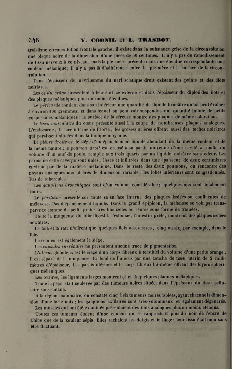 troisieme circonvolution frontale gauche, il exisle dans la subslance grise de la circonvolution une plaque noire de la dimension d’une pifcce de 50 centimes. II n’y a pas de ramollissement de tissu nerveux a ce niveau, maisla pie-m&re pr^sente dans une etendue correspondante une couleur mtilanique; il n’y a pas lei d’adherence entre la pie-mere et la surface de la circon- voluiion. Dans l’^paisseur du nevrilemme du nerf sciatique droit existent des points et des Hots noiratres. Les os du crane pr^sentent a leur surface externe et dans l’epaisseur du diplod des ilots et des plaques melaniques plus ou moins etendues. Le pericarde contient dans son interieur une quantite de liquide brunatre qu’on peut dvaluer 5 environ 100 grammes, et dans lequel on peut voir suspendus une quantild infinie de pelits corpuscules melaniques : la surface de la sdreuse montre des plaques de meme coloration. Le tissu musculaire du coeur presente aussi a la coupe de nombreuses plaques analogues. L’endocarde, la face interne de l’aorle, les grosses artdres offrent aussi des taches noiratres qui paraissent situees dans la tunique moyenne. La plevre droite est le siege d’un dpanchement liquide abondant de la meme couleur et de la meme nature; le poumon droit est creusd a sa partie moyenne d’une cavitd arrondie du volume d’un ceuf de poule, remplie aux trois quarts par un liquide noiraire sans odeur. Les parois de cette caverpe sont unies, lisses et infiltrees dans une dpaisseur de deux centimetres environ par de la matiere melanique. Dans le reste des deux poumons, on rencontre des noyaux analogues non ulcdrds de dimension variable; les lobes inferieurs sont congestionnds. Pas de tubereules. Les ganglions bronchiques sont d’un volume considerable; quelques-uns sont totalement noirs. v Le peritoine presente sur toute sa surface interne des plaques isoldes ou confluentes de mdlanose. Pas d’epancbement liquide. Dans le grand epiploon, la melanose se voit par trans¬ parence comme de petits grains trfcs-fins isoies ou reunis sous forme de trainees. Toute la muqueuse du tube digestif, l’estomac, l’intestin grele, montrent des plaques isolees noiratres, Le foie et la rate n’offrent que quelques ilots assez rares, cinq ou six, par exemple, dans Ie foie. Le rein en est egalement le siege. Les capsules surrenales ne presen tent aucune trace de pigmentation Vuterus globuleux est le siege d’un corps fibreux interstitiel du volume d’une petite orange ; il est separd de la muqueuse du fond de l’uterus par une couche de tissu uterin de 2 milli¬ metres d’epaisseur. Les parois uterines et le corps fibreux lui-meme offrent des foyers sphdri- ques melaniques. Les ovaires, les ligaments larges montrent ca et la quelques plaques melaniques. Toute la peau elait soulevee par des tumeurs noires situees dans 1’dpaisseur du tissu cellu- laire sous-cutand. A la region mammaire, on constate cinq 5sixtumeurs noires isolees, ayantchacunela dimen¬ sion d’une forte noix; les ganglions axillaires sont tres-volumineux et Egalement degdnerds. Les muscles qui ont dte examines prdsentaicnt des ilots analogues plusou moins dtendus. Toutes ces tumeurs dlaient d’une couleur qui se rapprochait plus du noir de l’encre de Chine que de la couleur sdpia. Elies tachaient les doigts et ie linge; leur tissu dtaitmou sans dire fluctuant.