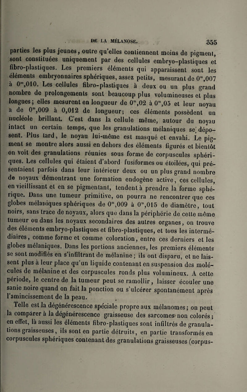 y DE LA MtfLANOSE. 355 parties les plus jeunes, outre qu elles conliennent moins de pigment, sont constitutes uniquement par des cellules embryo-plastiques et fibro-plastiques. Les premiers elements qui apparaissent sont les ! elements embryonnaires spheriques, assez pelits, mesurant de 0m,007 I a 0-.010. Les cellules fibro-plastiques a deux ou un plus grand 1 nombre de prolongements sont beaucoup plus volumineuses et plus longues; elles mesurent en longueur de 0m,02 a 0m,05 et ieur noyau | a de 0 ,009 a 0,012 de longueur; ces elements possedent un | nucleole brillant. G est dans la cellule mtme, autour du noyau I intact un certain temps, que les granulations melaniques se depo¬ sed. Plus lard, le noyau lui-mtme est masque et envahi. Le pig¬ ment se montre alors aussi en dehors des elements figures et bientot on voit des granulations reunies sous forme de corpuscules spheri¬ ques. Les cellules qui etaient d’abord fusiformesou etoilees, qui pre- sentaient parfois dans leur inlerieur deux ou un plus grand nombre de noyaux demontrant une formation endogene active, ces cellules, en vieillissant et en se pigmentant, tendenta prendre la forme splie- rique. Dans une tumeur primitive, on pourra ne rencontrer que ces . globes melaniques spheriques de 0m,009 a 0m,015 de diametre, lout | noirs, sans trace de noyaux, alors que dans la peripherie de cette meme I tumeur ou dans les noyaux secondaires des autres organes, on trouve des elements embryo-plastiques et fibro-plastiques, et tous les interme- diaires, comme forme et comme coloration, entre ces derniers et les ! globes melaniques. Dans les portions anciennes, les premiers elements se sont modifies en s’infiltrant de melanine; ils ont disparu, et ne lais- sent plus a leur place qu’un liquide contenant en suspension des mole¬ cules de melanine et des corpuscules ronds plus volumineux. A cette periode, le centre de la tumeur peut se ramollir, laisser ecouler une sanie noire quand on fait la ponction ou s’ulcerer spontanement apres l’amincissement de la peau. Telle est la degendrescence speciale propre aux melanomes; on peut la comparer a ladegenerescence graisseuse des sarcomes non colores; en elfet, la aussi les elements fibro-plastiques sont infiltres de granula¬ tions graisseuses, ils sont en partie detruits, en parlie transformes en corpuscules spheriques contenant des granulations graisseuses (corpus-