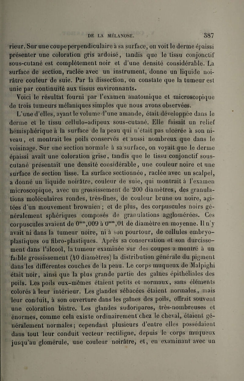 rieur. Sur une coupe per pendiculaire a sa surface, oil voit le derme epaissi presenter une coloration gris ardoise, tandis que le tissu conjonctif sous-cutane est completement noir et d’une densite considerable. La surface de section, raclee avec un instrument, donne un liquide noi- ratre couleur de suie. Par la dissection, on constate que la tumeur est unie par continuity aux tissus environnants. Voici le resultat fourni par l’examen anatomique et microscopique de trois tumeurs melaniques simples que nous avons observees. L’une d'elles, ayantle volume d’une amande, etait developpee dans le derme et le tissu cellulo-adipeux sous-cutane. Elle faisait un relief hemisplierique a la surface de la peau qui n’etait pas ulceree a son ni¬ veau , et montrait les poils conserves et aussi nombreux que dans le voisinage. Sur une section normale a sa surface, on voyait que le derme epaissi avait une coloration grise, tandis que le tissu conjonctif sous- cutane presentait une densite considerable, une couleur noire et une surface de section lisse. La surface sectionnee, raclee avec un scalpel, a donne un liquide noir&tre, couleur de suie, qui montrait a l’examen microscopique, avec un grossissement de 200 diametres, des granula¬ tions moleculaires rondes, tres-fines, de couleur brune ou noire, agi- tees d’un mouvement brownien; et de plus, des corpuscules noirs ge- neralement spheriques composes de granulations agglomerees. Ces corpuscules avaient de 0mm,009 a Oinm,OL de diametre en moyenne. II n’y avait ni dans la tumeur noire, ni a son pourtour, de cellules embryo- plastiques ou fibro-plastiques. Apres sa conservation et son durcisse- ment dans Talcool, la tumeur examinee sur des coupes a montre a un faible grossissement (40 diametres) la distribution generate du pigment dans les differentes couches de la peau. Le corps muqueux de Malpighi etait noir, ainsi que la plus grande partie des gaines epitheliales des poils. Les poils eux-memes etaient petits el normaux, sans elements colores a leur interieur. Les glandes sebacees etaient normales, mais leur conduit, a son ouverture dans les gaines des poils, offrait souvent une coloration bistre. Les glandes sudoripares, tres-nombreuses et enormes, comme cela existe ordinairement chez le cheval, etaient ge- neralement normales; cependant plusieurs d’entre elles possedaient dans tout leur conduit vecteur recliligne, depuis le corps muqueux jusqu’au glomerule, une couleur noiratre, et, en examinant avec un