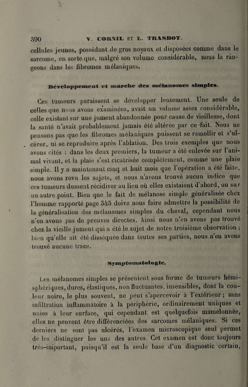 cellules jeunes, possedant de gros noyaux et disposees coimne dans le sarcome, en sorte que, malgre son volume considerable, nous la ran- geons dans les fibromes melaniques. Heveloppemeut et inarche ties *ii«£laii©iiies simples. Ces tumeurs paraissent se developper lentement. Une seule de celles que nous avons examinees, avait un volume assez considerable, cede existant sur une jument abandonnee pour cause.de vieillesse, dont la sante n avait probablement jamais ete alteree par ce-fait. Nous ne pensons pas que les fibromes melaniques puissent se ramodir et sh¬ eerer, ni se reproduce apres 1’ablalion. Des trois exemples que nous avons cites : dans les deux premiers, la tumeur a ete enlevee sur Yani¬ mal vivant, et la plaie s’est cicatrisee completement, com me une plaie simple. 11 y a maintenant cinq et huit mois que foperation a ete faite, nous avons revu les sujets, et nous n’avons trouve aucun indice que ces tumeurs dussent recidiver au lieu ou elles existaient d abord, ou sur un autre point. Bien que le fait de melanose simple generalisee chez i’homme rapporte page 3/i5 doive nous faire admettre la possibility de la generalisation des melanomes simples du cheval, cependant nous J n’en avons pas de preuves directes. Ainsi nous n’en avons pas trouve chez la vieille jument qui a ete le sujet de notre troisieme observation ; bien quelle ait ete dissequee dans toutes ses parties, nous n’en avons trouve aucune trace. ^ymgitvESiatologie. Les melanomes simples se presentent sous forme de tumeurs hemi- spheriques, dures, elastiques, non fluctuantes, insensibles, dont la cou- leur noire, le plus souvent, ne peut s’apercevoir a fexterieur; sans infiltration inflammaloire a la peripheric, ordinairement uniques et unies a leur surface, qui cependant est quelquefois mamelonnee, elles ne pen vent 6tre differenci^es des sarcomes melaniques. Si ces derniers ne sont pas ulceres, I’exameu microscopique seul permet de les distinguer les uns des autres. Get examen est done toujours tres-iniportant, puisqu’il est la seule base d’un diagnostic certain,