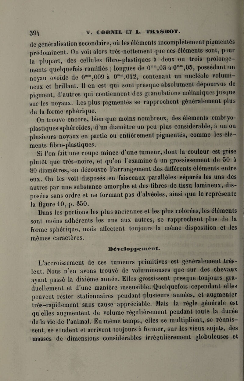 de generalisation secondaire, ou les elements incompletement pigments predominent. On voit alors tres-nettement que ces elements sont, pour la plupart, des cellules fibro-plastiques a deux ou trois prolonge- merits quelquefois ramifies ; longues de 0““,03 a 0m,05, possedant un noyau ovo'ide de 0mm,009 a 0m“,012, contenant un nucleole volumi- neux et brillant. 11 en est qui sont presque absolumenl depourvus de pigment, d’autres qui conliennent des granulations melaniques jusque sur les noyaux. Les plus pigmentes se rapprochent generalement p«us de la forme spherique. On trouve encore, bien que moins nombreux, des elements embryo- plastiques spheroides, d’un diametre un peu plus considerable, a un ou plusieurs noyaux en partie ou entierement pigmentes, comme les ele¬ ments fibro-plastiques. Si Ton fait one coupe mince d’unetumeur, dont la couleur est grise plutot que tr6s-noire, et qu’on 1’examine a un grossissement de 50 a 80 diametres, on decouvre Tarrangement des differents elements entre eux. On les voit disposes en faisceaux paralleles separes les uns des autres par une substance amorphe et des fibres de tissu lamineux, dis- posees sans ordre et ne formant pas d alveoles, ainsi que le represente la figure 10, p. 350. Dans les portions les plus anciennes et les plus colorees, les elements sont moins adherents les uns aux autres, se rapprochent plus de la forme spherique, mais affectent loujours la m6me disposition et les monies caracteres. Beveloppemeiet. L’accroissement de ces tumeurs primitives est generalement tree- lent. Nous n?en avons trouve de voiumineuses que sur des chevaux ayant passe la dixidme annee. Elies grossissent presque toujours gra- duellement et d’une maniere insensible. Quelquefois cependant elles peuvent rester stationnaires pendant plusieurs annees, et augmenter tres-rapidement sans cause appreciable. Mais la regie generale est qu elles augmentent de volume regulierement pendant toute la duree de la vie de Vanimal. En meme temps, elles se multiplient, se reunis- sent, se soudent et arrivent toujours a former, sur les vieux sujets, des masses de dimensions considerables irregulierement globuleuses et