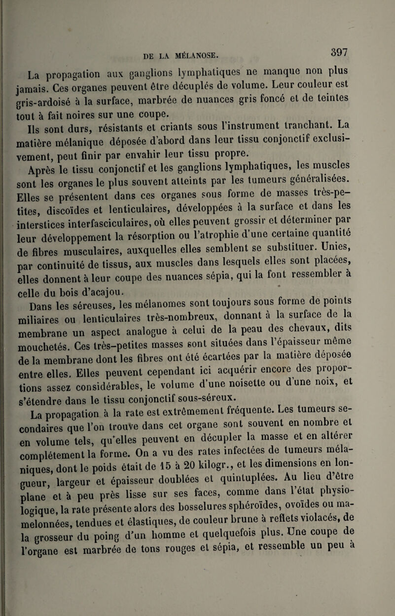 La propagation aux ganglions lymphatiques ne manque non plus jamais. Ces organes peuvent 6tre decuples de volume. Leur couleur est gris-ardoise a la surface, marbree de nuances gris fonce et de teintes tout a fait noires sur une coupe. Us Sont durs, resistants et criants sous l’instrument tranchant. La matiere melanique deposde d’abord dans leur tissu conjonctif exclusi- vement, peut finir par envahir leur tissu propre. Apres le tissu conjonctif et les ganglions lymphatiques, les muscles sont les organes le plus souvent atleints par les tumeurs generalisdes. Elies se prdsentent dans ces organes sous forme de masses tr&s-pe- tites, disco'ides et lenticulaires, developpees a la surface et dans les interstices interfasciculaires, ou elles peuvent grossir el determiner par leur developpement la resorption ou l’atrophie d’une certaine quantity de fibres musculaires, auxquelles elles semblent se subslituer. Unies, par continuite de tissus, aux muscles dans lesquels elles sont placees, elles donnent a leur coupe des nuances sepia, qui la font ressembler a celle du bois d’acajou. Dans les sereuses, les melanomes sont toujours sous forme de points miliaires ou lenticulaires tres-nombreux, donnant a la surface do la membrane un aspect analogue a celui de la peau des chevaux, dits mouchetes. Ces tres-petites masses sont situees dans l’epaisseur meme de la membrane dont les fibres ont ete ecartees par la matiere deposee entre elles. Elles peuvent cependant ici acqu6rir encore des propor¬ tions assez considerables, le volume d’une noisette ou dune no.x, et s’etendre dans le tissu conjonctif sous-sereux. La propagation a la rate est extrSmement frequente. Les tumeurs se- condaires que l’on trouVe dans cet organe sont souvent en nombre el en volume tels, qu’elles peuvent en decupler la masse et en alterer completement la forme. On a vu des rates infeclees de tumeurs mela- niques, dont le poids etait de 15 a 20 kilogr., et les dimensions en lon¬ gueur, largeur et epaisseur doublees et quintuplees. Au lieu d6tio plane'et a peu pres lisse sur ses faces, comme dans l’elat physio- logique, la rate presente alors des bosselures spheroides, ovoides ou ma- melonnees, tendues et elastiques, de couleur brune a reflets violaces, de la grosseur du poing d’un liomme et quelquefois plus. Une coupe de 1’organe est marble de tons rouges el sepia, et ressemble un peu a