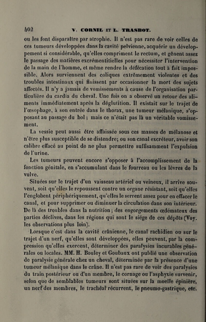 oil les font disparaitre par atrophie. II n’est pas rare de voir cellos de ces tumeurs developpees dans la cavite pelvienne, acquerir un develop- pement si considerable, qu’elles compriment le rectum, el g6nent assez le passage des malieres excremenlilielles pour necessiter 1’intervenlion de la main de l’homme, et meme rendre la defecation tout a fait impos¬ sible. Alors surviennenl des coliques extr^mement violentes et des troubles inteslinaux qui fmissent par occasionner la mort des sujets affectes. II n’y a jamais de vomissements a cause de l’organisalion par- ticuliere du cardia du cheval. Une fois on a observe un retour des ali¬ ments immediatement apres la deglutition. II existait sur le trajet de l’oesophage, a son entree dans le thorax, une tumeur melanique, s’op- posant au passage du bol; mais ce n’elait pas la un veritable vomisse- ment. La vessie peut aussi 6lre affaissee sous ces masses de melanose et n’6lre plus susceptible de se dislendre; ou son canal excreteur, avoir son calibre efface au point de ne plus permettre suffisamment 1’expulsion de l’urine. Les tumeurs peuvent encore s’opposer a l’accomplissement de la fonclion genitale, en s'accumulant dans le fourreau ou les levres de la vulve. Siluees sur le trajet d’un vaisseau arteriel ou veineux, il arrive sou- vent, soit qu’elles le repoussenl conlre un organe resistant, soit qu’elles l’englobent periplieriquement, qu’elles le serrenl assez pour en effacerle canal, et pour supprimer ou diminuer la circulation dans son interieur. De la des troubles dans la nutrition; des engorgements oedemateux des parlies declives, dans les regions qui sont le siege de ces depdts (Voy. les observations plus loin). Lorsque c’est dans la cavite cranienne, le canal rachidien ou sur le trajet d’un nerf, qu’elles sont developpees, elles peuvent, par la com¬ pression qu’elles exercent, determiner des paralysies incurables gene- rales ou locales. MM. H. Bouley et Goubaux ont publie une observation de paralysie generale cliez un cheval, determinee par la presence d’une lumeur melanique dans le crane. II n’est pas rare de vorr des paralysies du train posterieur ou d’un membre, le cornage ou l’asphyxie survenir, selon que de semblables tumeurs sont siluees sur la moelle epiniere, un nerf des membres, le tracheal recurrent, le pneumo-gastrique, etc.
