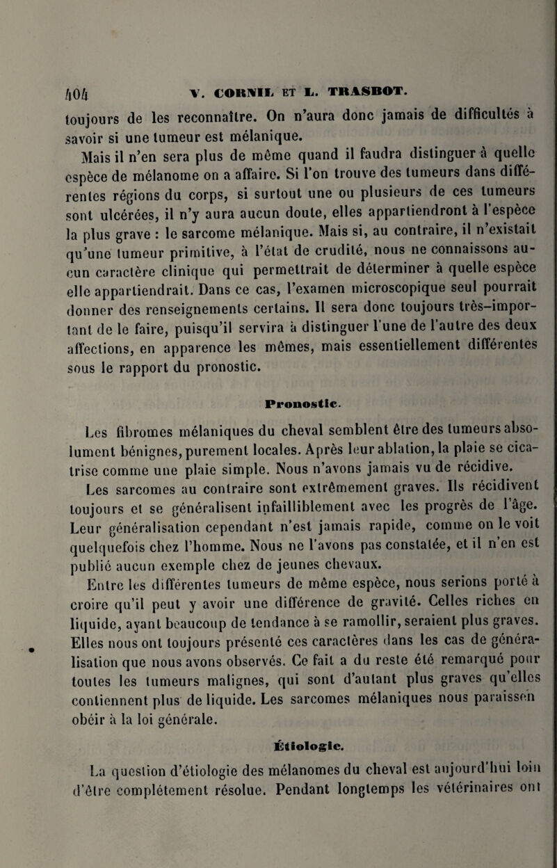toujours de les reconnailre. On n’aura done jamais de difficultes a savoir si une lumeur est melanique. Mais il n’en sera plus de m6me quand il faudra distinguer a quelle espece de melanome on a affaire. Si Ton trouve des tumeurs dans diffe- renles regions du corps, si surtout une ou plusieurs de ces tumeurs sont ulcerees, il n’y aura aucun doute, elles apparliendront a 1 espece la plus grave : le sarcome melanique. Mais si, au contraire, il n existait qu’une lumeur primitive, a 1’etut de erudite, nous ne connaissons> au- cun caraclere clinique qui permettrait de determiner a quelle espece el!e appartiendrait. Dans ce cas, l’examen microscopique seul pourrait donner des renseignements certains. Il sera done toujours tres-impor- tant de le faire, puisqu’il servira a distinguer 1 une de 1 autre des deux affections, en apparence les m6mes, mais essentiellement differentes sous le rapport du pronostic. Pronostic. Les fibromes melaniques du cheval semblent &tre des tumeurs abso- lument benignes, purement locales. Apres leur ablation, la plaie se cica¬ trise comme une plaie simple. Nous n’avons jamais vu de recidive. Les sarcomes au contraire sont extrSmement graves. Ils recidivent toujours et se generalisenl infailliblement avec les progres de 1 age. Leur generalisation cependant n’est jamais rapide, comme on le voit quelquefois chez 1’homme. Nous ne l’avons pas constate, et il n’en est public aucun exemple cliez de jeunes chevaux. Entre les differentes tumeurs de m6me espece, nous serions porte a croire qu il peut y avoir une difference de gravite. Cellos riches en liquide, ayant beaucoup de tendance a se ramollir, seraienl plus graves. Elles nousont toujours presente ces caracteres dans les cas de genera¬ lisation que nous avons observes. Ce fait a du reste ete remarque pour toules les tumeurs malignes, qui sont d’aulant plus graves qu elles conliennent plus de liquide. Les sarcomes melaniques nous paraisseh obeir a la loi generale. Etiologic. La question d’etiologie des melanomes du cheval est aujourd hui loin d’etre completement resolue. Pendant longlemps les veterinaires out