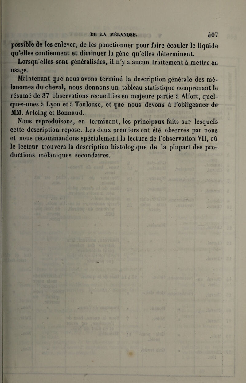 possible de les enlever, de les ponctionner pour faire ecouler le liquide qu’elles contiennent et diminuer la g6ne qu’elles determinent. Lorsqu’elles sont generalisees, il n'y a aucun Lraitement a mettre en usage. Maintenant que nous avons termine la description generate des me- lanomes du cheval, nous donnons un tableau stalistique comprenant le resume de 37 observations recueillies en majeure partie a Alfort, quel- ques-unes a Lyon et a Toulouse, et que nous devons a Tobligeance de MM. Arloing et Bonnaud. Nous reproduisons, en terminant, les principaux faits sur lesquels cette description repose. Les deux premiers ont ele observes par nous et nous recommandons specialement la lecture de Tobservation VII, ou le lecteur trouvera la description histologique de la plupart des pro¬ ductions melaniques secondaires.
