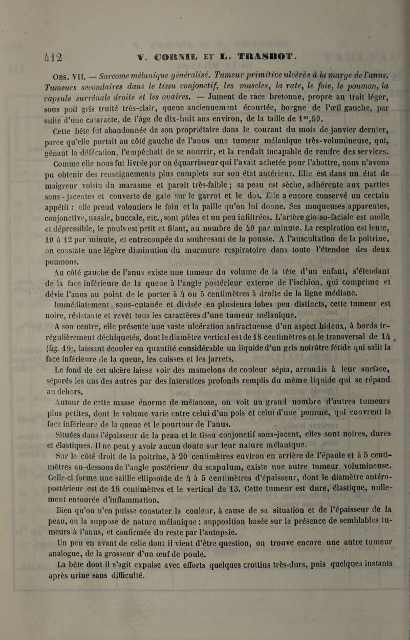 Obs. YII._Sarcome melanique generalise. Tumeur primitive ulceree a la marge de Vanus. Tumeurs secondaircs dans le tissu conjonctif, les muscles, la rate, le foie, le poumon, la capsule surrenale droite et les ovaires. — Jument de race bretonne, propre au trait leger, sous poil gris iruite tres-clair, queue anciermement ecourtee, borgne de l’oeil gauche, par suile d’une calaracte, de l’age de dix-huit ans environ, de la taille de lm,50. Cette bete fut abandonnee de son proprietaire dans le courant du mois de janvier dernier, parce qu’elle portait au cdle gauche de l’anus une tumeur melanique tr&s-volumineuse, qui, genant la defecation, Tempechait de se nourrir, et la rendait incapable de rendre des services. Comme elie nous fut livree par un equarrisseur qui l’a vait achetee pour l’abattre, nous n’avons pu obtenir des renseignements plus compiets sur son etat antdrieur. Elie est dans un etat de maigreur voisin du marasme et parait tres-faible; sa peati est s^che, adherente aux parties sous - jacentes el couverte de gale sur le garrot et le dos. Elie a encore conserve un certain appdtit: elie prend volonliers le foin et la paille qu’on lui donne. Ses muqueuses apparentes, conjonctive, nasale, buccale, elc.,sont pales et un peu infiltrees. L’artere gloiso-faciale est molle et depressible, le pouls est petit et filant, au nombre de hO par minute. La respiration est lente, 10 a 12 par minute, el entrecoupee du soubresaut de la pousse. A 1’auscultation de la poitrine, on constate une ldgere diminution du murmure rcspiratoire dans toute Tetendue des deux poumons. Au cole gauche de l’anus existe une tumeur du volume de la tete d’un enfant, s’etendant de la face inferieure de la queue a Tangle postcrieur externe de I’ischion, qui comprime et devie l’anus au point de le porter a lx on 5 centimetres a droite de la ligne mediane. Immediatement sous-cutande et divisee en plusieurs lobes peu distincts, cette tumeur est noire, r&sistante et revet tons les caracteres d’une tumeur melanique. A son centre, elie presenle une vaste ulceration anfractueuse d’un aspect hideux, ci bords ir- reguliferement dechiquetes, dontlediametre vertical est de 18 centimetres et le transversal de 1/i. (fig 19), laissant dcouler en quantity considerable un liquided’un gris noiratre fetide qui salit la face inferieure de la queue, les cuisses et les jarrets. Le fond de cct ulcere laisse voir des mamelons de couleur s<5pia, arrondis e leur surface, separes les unsdes autres par des interstices profonds remplis du meme liquide qui se repand au dehors. Autour de cette masse enorme de melanose, on voit un grand nombre d’autres tumeurs plus petites, dont le volume varie entre celui d’un pois et celui d’une pomme, qui couvrent la face inferieure de la queue et le pourtour de l’anus. Situ^es dans Tepaisseur de la peau et le tissu conjonctif sous-jacent, elles sont noires, dures et elastiques. II ne pent y avoir aucun doute sur leur nature melanique. Sur le cote droit de la poitrine, a 20 centimetres environ en arriere de l’epaule et h. 5 centi¬ metres au-dessousde Tangle postcrieur du scapulum, existe une autre tumeur volumineuse. Gelle-ci forme une saillie ellipsoide de Li a 5 centimetres d’epaisseur, dont le diametre ant£ro- posterieur est de 16 centimetres et le vertical de 13. Cette tumeur est dure, elastique, nulle- ment entouree d’in flam mat ion. Bien qu’on n’en puisse constater la couleur, ti cause de sa situation et de Tepaisseur de la peau, on la suppose de nature melanique: supposition basee sur la presence de semblablcs tu¬ meurs a l’anus, et confirmee du restepar l’autopsie. Un peu en avant de celle dont il vient d’etre question, on trouve encore une autre tumeur analogue, de la grosseur d’un ceufde poule. La bete dont il s’agit expulse avec efforts quelques croltins tr^s-durs, puis quelques instants apres urine sans difficulte.