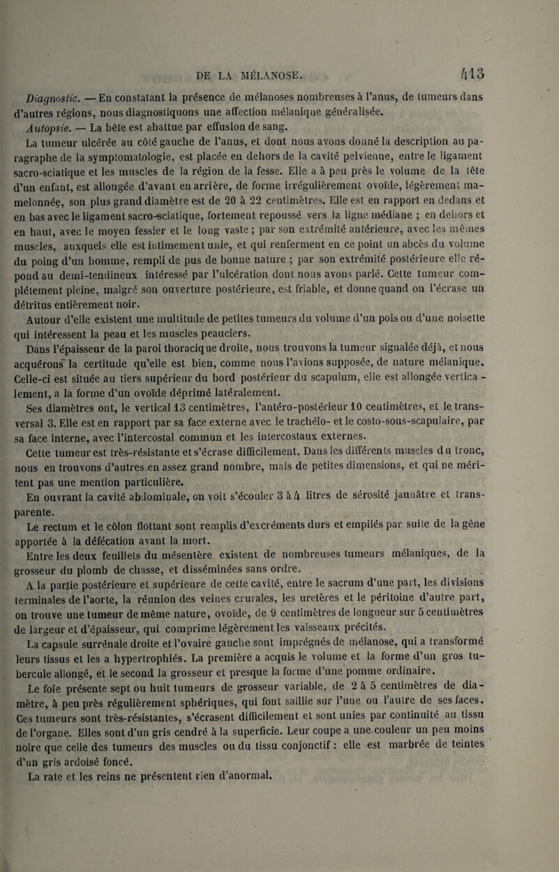 Diagnostic. — Eli constatant la presence de melanoses nombreuses a Tanas, de tumeurs dans d’autres regions, nous diagnostiquons une affection melanique generalisde. Autopsie. — La bete est abattue par effusion de sang. La tumeur ulceree au cote gauche de l’anus, et dont nous avons donne la description au pa- ragraphe de la symptomatology, est placde en dehors de la cavite pelvienne, entre le ligament sacro-sciatique et les muscles de la region de la fesse. Elle a a peu pres le volume de la tete d’un enfant, est allongee d’avant enarrifere, de forme irreguiierement ovoide, legeremenl ma- melonnee, son plus grand diametre est de 20 a 22 centimetres. Elle est en rapport en dedans et en basavecle ligament sacro-sciatique, fortement repousse vers la ligne mddiane ; en dehors et en haut, avec le moyen fessier et le long vaste ; par son extremiie anffirieure, avec les memes muscles, auxquels elle est intimement unie, et qui renferment en ce point un abces du volume du poing d’un homme, rempli de pus de bonne nature ; par son extremite postdrieure elle rd- pondau demi-tendineux intdresse par Tulceration dont nous avons parle. Cette tumeur com- pleiement pleine, malgrd son ouverture posterieure, est friable, et donne quand on 1’dcrase un detritus entierement noir. Autour d’elle existent une multitude de petites tumeurs du volume d’un pois ou d’une noisette qui intdressent la peau et les muscles peauciers. Dans l’epaisseur de la paroi thoracique droite, nous trouvonsla tumeur signalde deja, et nous acqudrons la certitude qu’elle est bien, com me nous Tavions supposde, de nature melanique. Celle-ci est situee au tiers superieur du bord posterieur du scapulum, elle est allongee vertica - lenient, a la forme d’un ovoide deprimd lateralement. Ses diametres out, le vertical 13 centimetres, l’antdro-postdrieur 10 centimetres, et le trans¬ versal 3. Elle est en rapport par sa face externe avec le trachelo- et le costo-sous-scapulaire, par sa face interne, avec l’intercostal commun et les iniercostaux externes. Cette tumeur est tres-resistante et s’ecrase difficilement. Dans les diffdrents muscles du tronc, nous en trouvons d’autres en assez grand nombre, mais de petites dimensions, et qui ne meri- tent pas une mention particuliere. En ouvrant la cavite abdominale, on voit s’ecoulcr 3 a A litres de serosite jaunatre et trans- parente. Le rectum et le colon flottant sont remplis d’excrements durs et einpilds par suite de la gene apportee a la ddfecation avant la mort. Entre les deux feuillets du mesentere existent de nombreuses tumeurs melaniques, de la grosseur du plomb de chasse, et disseminees sans ordre. A la parjtie posterieure et supdrieure de cette cavity, entre le sacrum d’une part, les divisions terminates dei’aorte, la reunion des veines crurales, les ureteres et le p^ritoine d’autre part, on trouve une tumeur dem^me nature, ovoide, de 9 centimetres de longueur sur 5 centimetres de largeuret d’epaisseur, qui comprime legerement les vaisseaux precites. La capsule surrenale droite et I’ovaire gauche sont impregnes de melanose, qui a transforme leurs tissus et les a hypertrophies. La premiere a acquis le volume et la forme d’un gros tu- bercule allonge, et le second la grosseur et presque la forme d’une pomme ordinaire. Le foie pr&ente sept ou huit tumeurs de grosseur variable, de 2 a 5 centimetres de dia¬ metre, & peu pres r^gulierement sph^riques, qui font saillie sur Tune ou 1 autre de ses faces. Ces tumeurs sont tres-resistantes, s’ecrasent difficilement et sont unies par conlinuite au tissu de Torgane. Elies sont d’un gris cendr£ a la superficie. Leur coupe a une couleur un peu moins noire que celle des tumeurs des muscles ou du tissu conjonctif: elle est marbree de teinles d’un gris ardoise foiled. La rate et les reins ne presentent lien d’anormal.