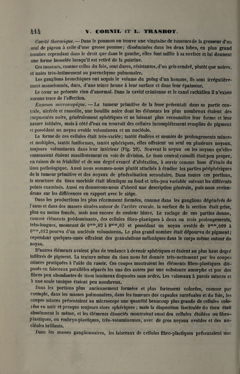 Cavite thoracique. — Dans le poumon on trouve une vingtainede tumeursde la grosseur d’un ceuf de pigeon a celle d’une grosse porame; diss^min^es dans les deux lobes, en plus grand nombre cependant dans le droit que dans le gauche, elles font saillie a sa surface et lui donnent une forme bosseiye lorsqu’il est retire de la poitrine. Ces tumeurs, comme celles du foie, sont dures, resistantes, d’un gris cendry, plutbt que noires, et unies tres-intimement au parenchyme pulmonaire. Les ganglions bronchiques ont acquis le volume du poing d’un homme, ils sont irr£guli£re- ment rnamelonnes, durs, d’une teinte brune a leur surface et dans leur epaisseur. Le cceur ne pr^sente rien d’anormal. Dans la cavity cranienne et le canal rachidien ii n’exisle aucune trace de l’alfection. Examen microscopique. — La tumeur primitive de la fesse pr&entait dans sa partie cen- trale, ulc^r^e et ramollie, une bouillie noire dont les Elements les plus nombreux ytaient des corpuscules noirs, gyneralement sphyriques et ne laissant plus reconnaitre leur forme et leur nature initiales, mais a cdty d’eux on trouvait des cellules incompletement remplies de pigment et possedant un noyau ovolde volumineux et un nuciyole. La forme de ces cellules ytait tres-varide; tantot dtoilees et munies de prolongements minces et multiples, tantot fusiformes, tantot sphyriques, elles olfraient un seul ou plusieurs noyaux, toujours volumineux dans leur intdrieur (Fig. 20). Souvent le noyau ou les noyaux qu’elles contenaient etaient manifestement en voiede division. Le tissu centralramolli ytaitpeu propre, en raison de sa friability et de son degry avance d’alteration, & servir comme base d’ytude du tissu pathologique. Aussi nous sommes-nous plutot attaches a ytudier les parties pyripheriques de la tumeur primitive et des noyaux de gynyralisation secondaire. Dans toutes ces portions, la structure du tissu morbide ytait identique au fond et trfcs-peu variable suivant les diffyrents points examinys. Aussi en donnerons-nous d’abord une description genyrale, puis nous revien- drons sur les differences en rapport avec le siege. Dans les productions les plus rycemment formyes, comme dans les ganglions dygynt!rys de l’anus et dans des masses siluyes autour de l’artyre crurale, la surface de la section ytait grise, plus ou moins foncee, mais non encore de couleur bistre. Le raclage de ces parties donne, comme yiyments predominants, des cellules fibro-plastiques h deux ou trois prolongements, tr£s-longues, mesurant de 0mm,02 ci 0mm,03 et possydant un noyau ovoide de 0mm,009 a 0mm,012 pourvu d’un nuciyole volumineux. Le plus grand nombre ytait dypourvu de pigment; cependant quelques-unes offraient des granulations melaniques dans le corps meme autour du noyau. D’autres yiements avaient plus de tendance a devenir sphyriques et ytaient au plus haut degre infiltres de pigment. La texture meme du tissu nous fut donnye trys-nettement par les coupes minces pratiquees & l’aide du rasoir. Ces coupes montraient les yiyments fibro-plastiques dis¬ poses en faisceaux paralleles sypares les uns des autres par une substance amorphe et par des fibres peu abondantes de tissu lamineux disposyes sans ordre. Les vaisseaux 5 parois minces et y une seule tunique ytaient peu nombreux. Dans les portions plus anciennement formyes et plus fortement colordes, comme par exemple, dans les masses pulmonaires, dans les tumeurs des capsules surrynales et du foie, les coupes minces presentaient au microscope une quantity beaucoup plus grande de cellules colo- en n°b' et presque toujours alors sphyriques ; mais la disposition fascicuiye du tissu etait absolument la myme, et les elements dissociys montraient aussi des cellules ytoilyes ou fibro- plastiques, ou embryo-plastiques, trys-volumineuses, avec de gros noyaux ovofdes et des nu- ciyoles brillants. Dans les masses ganglionnaires, les faisceaux de cellules fibro-plastiques prysentaient une