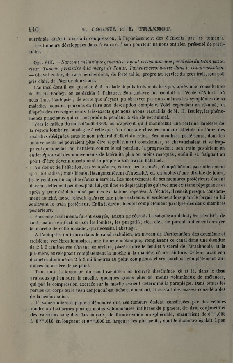surrenale etaient clues a la compression, a 1’aplatissement des elements par les tumours. Les tumeurs developpees clans l’ovaire el a son pourtour nenous ont rien prtsente de parti- culier. Obs. YLIL —Sarcome melanique generalise ayant occasionne une paralysie du train poste- rieur. Tumeur primitive a la marge de Vanns, Tumeurs secondaires dans le canal rachidien. _Cheval enlier, de race percheronne, de forte tallle, propre au service du gros trait, sous poil gris clair, de l’age de douze ans. L’animal dont il est question elail malade depuis trois mois lorsque, apres une consultation de M. 11. Bouley, on se dtcida a l’abattre. Son cadavre fut conduit a l’tcole d’Alfort, ou nous times l’autopsie ; de sorte que n’ayant pu observer par nous-memes les symptomes de sa maladie, nous ne pouvons en faire une description complete. Voici cependant en rtsumt, ct d’apres des renseignemenls tres-exacts que nous avons recueillis de M. II. Bouley, les pheno- menes principaux qui se sont produits pendant la vie de cet animal. Vers le milieu du mois d’aout 1863, on s’apercut qu’il manifeslait une certaine faiblesse de la region lombaire, analogue a celle que Ton constate chez les animaux atteints de Tune des maladies designees sous le nom gtntral d’effort de reins. Ses membres posterieurs, dont les mouvemenls ne pouvaient plus etre rtgulierement coordonnes, se chevaucbaient et se frap- paicnt quelquefois, ou battaient contre le sol pendant la progression ; son train posterieur en enlier tprouvait des mouvements cle lateralite plus ou moins marques ; enfin il se fatiguait au point d’etre clevenu absolument impropre a son travail habituel. Au debut cle l’affeclion, ces symptomes, encore peu accuses, n’empecherent pas enticement qu’il fut utilise; mais bientbt ilsaugmenterent d’intensitt, et, en moins d’une dizaine de jours, ils le rendirent incapable d’aucun service. Les mouvements cle ses membres posterieurs ttaient devenus tellement penibles pour lui, qu’il ne se deplacait plus qu’avec une extreme repugnance et apres y avoir ele determine par cles excitations rtpettes. A l’ecurie, il reslait presque constam- ment couche, ne se relevait qu’avec une peine extreme, et settlement lorsqu’on le forcait en lui soulevant le train posterieur. Enfin il devint bientot completement paralyse cles deux membres posterieurs. Plusieurs traitements furent essayes, aucun nereussit. La saignee au debut, les rtvulsifs cle toute nature en frictions sur les lombes, les purgatifs, etc., etc., ne purent nullementenrayer la marche de cette maladie, qui ntcessita l’abatlage. A 1’autopsie, on trouva dans le canal rachidien, au niveau de l’articulation des deuxitme et troisieme vertebres lombaires, une tumeur melanique, remplissant ce canal clans une etendue cle 2 a 3 centimetres d’avant en arriere, placte entre le feuillet visceral cle l’arachnoide et la pie-mere, enveloppant completement la moelle a la maniere d’une ceinture. Gelle-ci avail son diamelre diminut de 2 a 3 millimetres au point compiling, et ses fonctions completement an- nulees en arriere cle ce point. Dans toute la longueur du canal rachidien on trouvait dissemines qa et la, dans le tissu graisseux qui entoure la moelle, quelques grains plus ou moins volumineux de melanose, qui par la compression exercte sur la moelle avaient determine la paraplegie. Dans toutes les parties du corps ou le tissu conjonclif est lache et abondant, il existait cles masses considerables de la neoformation. L’examen microscopique a dtmonlre que ces tumeurs etaient constitutes par cles cellules rondes ou fusiformes plus ou moins volumineuses infiltrees cle pigment, du tissu conjonctif et des vaisseaux sanguins. Les noyaux, de forme ovoide ou sphtroide, mesuraient de 0mm,008 a 0mm,010 en longueur et 0mm,006 en largeur; les pluspelits, dont le cliametre tgalait a peu