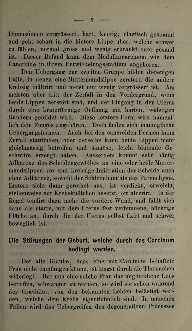 Dimensionen vergrössert, hart, knotig, elastisch gespannt und geht scharf in die hintere Lippe über, welche schwer zu fühlen, normal gross und wenig erkrankt oder gesund ist. Dieser Befund kann dem Medullarcarcinom wie dem Cancroide in ihrem Entwickelungsstadium angehören. Den Uebergang zur zweiten Gruppe bilden diejenigen Fälle, in denen eine Muttermundslippe zerstört, die andere krebsig infiltrirt und meist nur wenig vergrössert ist. Am meisten aber tritt der Zerfall in den Vordergrund, wenn beide Lippen zerstört sind, und der Eingang in den Uterus \ durch eine kraterförmige Oeffnung mit harten, wulstigen Rändern gebildet wird. Diese letztere Form wird nament¬ lich dem Fungus angehören. Doch finden sich mannigfache Uebergangsformen. Auch bei den cancroiden Formen kann Zerfall stattfinden, oder derselbe kann beide Lippen mehr gleichmässig betroffen und sinuöse, leicht blutende Ge¬ schwüre erzeugt haben. Ausserdem kommt sehr häufig Adhärenz des Scheidengewölbes an eine oder beide Mutter¬ mundslippen vor und krebsige Infiltration der Scheide auch ohne Adhärenz, sowohl der Schleimhaut als des Parenchyms. Erstere sieht dann geröthet aus, ist verdickt, erweicht, stellenweise mit Krebsknötchen besetzt, oft ulcerirt. In der Regel tendirt dazu mehr die vordere Wand, und fühlt sich dann als starre, mit dem Uterus fest verbundene, höckrige Fläche an, durch die der Uterus selbst fixirt und schwer beweglich ist. — Die Störungen der Geburt, welche durch das Carcinom bedingt werden. Der alte Glaube, dass eine mit Carcinom behaftete Frau nicht empfangen könne, ist längst durch die Thatsachen widerlegt. Hat nun eine solche Frau das unglückliche Loos betroffen, schwanger zu werden, so wird sie schon während der Gravidität von den bekannten Leiden belästigt wer¬ den, welche dem Krebs eigenthümlich sind. In manchen Fällen wird das Uebergreifen des degenerativen Processes