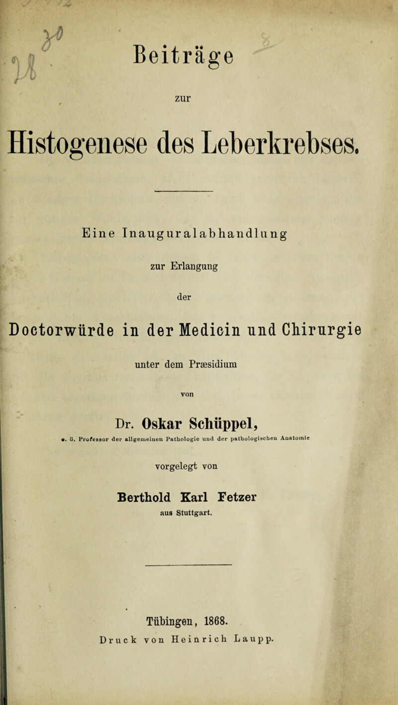 Beiträge 3f* zur Eine Inauguralabhandlung zur Erlangung der Doctorwürde in derMedicin und Chirurgie unter dem Präsidium von Dr. Oskar Schüppel, e. ü. Professor der allgemeinen Patliologie und der pathologischen Anatomie vorgelegt von Berthold Karl Fetzer aus Stuttgart. Tübingen, 1868. Druck von Heinrich Laupp.