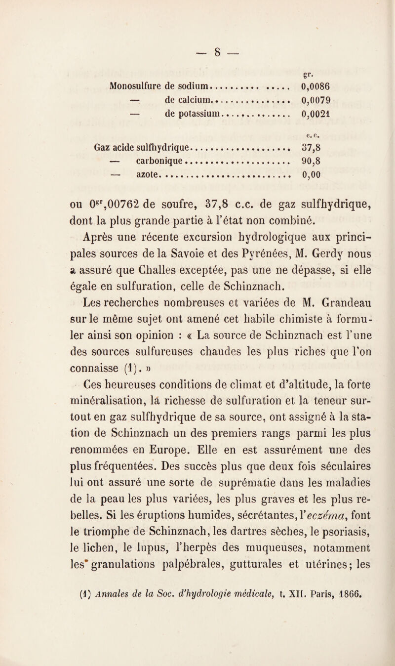 gr. Monosulfure de sodium. 0,0086 — de calcium. 0,0079 — de potassium. 0,0021 c. c. Gaz acide sulfhydrique. 37,8 — carbonique. 90,8 — azote. 0,00 OU 0^%0076*2 de soufre, 37,8 c.c. de gaz sulfhydrique, dont la plus grande partie à l’état non combiné. Après une récente excursion hydrologique aux princi¬ pales sources delà Savoie et des Pyrénées, M. Gerdy nous a assuré que Ghalles exceptée, pas une ne dépasse, si elle égale en sulfuration, celle de Schinznach. Les recherches nombreuses et variées de M. Grandeau sur le même sujet ont amené cet habile chimiste à formu¬ ler ainsi son opinion : « La source de Schinznach est l’une des sources sulfureuses chaudes les plus riches que l’on connaisse (1). » Ces heureuses conditions de climat et d’altitude, la forte minéralisation, la richesse de sulfuration et la teneur sur¬ tout en gaz sulfhydrique de sa source, ont assigné à la sta¬ tion de Schinznach un des premiers rangs parmi les plus renommées en Europe. Elle en est assurément une des plus fréquentées. Des succès plus que deux fois séculaires lui ont assuré une sorte de suprématie dans les maladies de la peau les plus variées, les plus graves et les plus re¬ belles. Si les éruptions humides, sécrétantes, l’eczema, font le triomphe de Schinznach, les dartres sèches, le psoriasis, le lichen, le lupus, l’herpès des muqueuses, notamment les*granulations palpébrales, gutturales et utérines; les