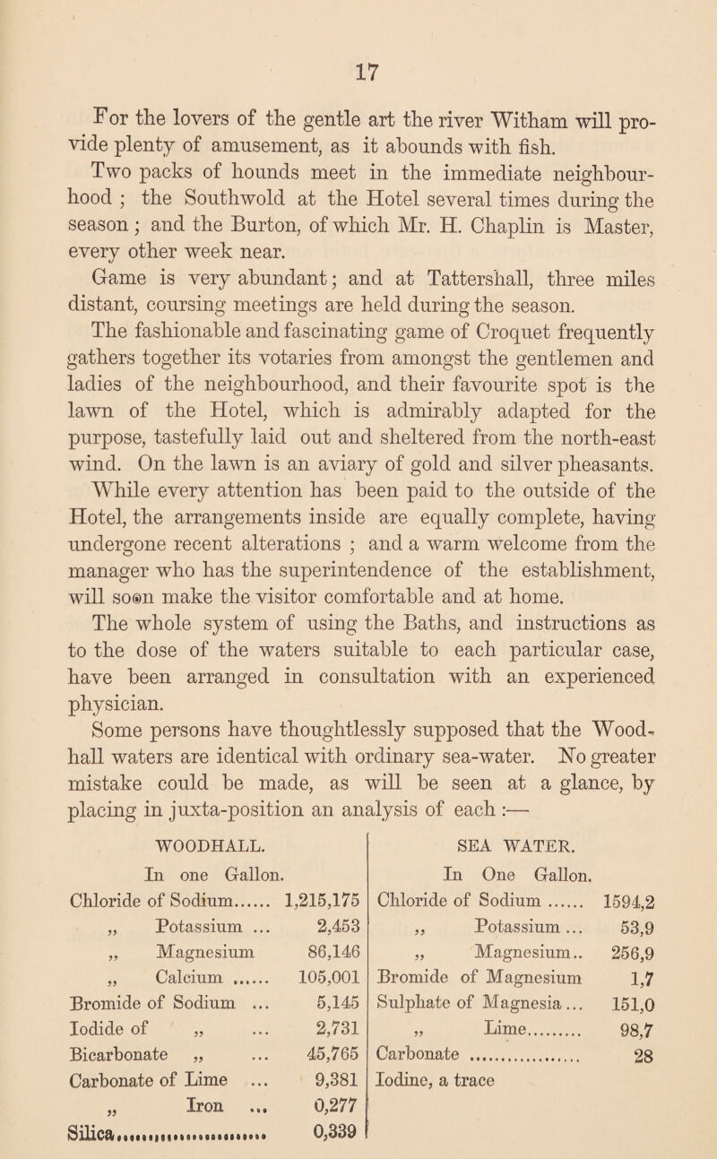 For the lovers of the gentle art the river Witham will pro¬ vide plenty of amusement, as it abounds with fish. Two packs of hounds meet in the immediate neighbour¬ hood ; the Southwold at the Hotel several times during the season; and the Burton, of which Mr. H. Chaplin is Master, every other week near. Game is very abundant; and at Tattershall, three miles distant, coursing meetings are held during the season. The fashionable and fascinating game of Croquet frequently gathers together its votaries from amongst the gentlemen and ladies of the neighbourhood, and their favourite spot is the lawn of the Hotel, which is admirably adapted for the purpose, tastefully laid out and sheltered from the north-east wind. On the lawn is an aviary of gold and silver pheasants. While every attention has been paid to the outside of the Hotel, the arrangements inside are equally complete, having undergone recent alterations ; and a warm welcome from the manager who has the superintendence of the establishment, will so@n make the visitor comfortable and at home. The whole system of using the Baths, and instructions as to the dose of the waters suitable to each particular case, have been arranged in consultation with an experienced physician. Some persons have thoughtlessly supposed that the Wood- hall waters are identical with ordinary sea-water. Ho greater mistake could be made, as will be seen at a glance, by placing in juxta-position an analysis of each :— WOODHALL. In one Gallon. Chloride of Sodium. 1,215,175 „ Potassium ... 2,453 „ Magnesium 86,146 „ Calcium . 105,001 Bromide of Sodium ... 5,145 Iodide of „ 2,731 Bicarbonate „ 45,765 Carbonate of Lime 9,381 „ Iron 0,277 Silica..... 0,339 SEA WATER. In One Gallon. Chloride of Sodium. 1594,2 ,, Potassium ... 53,9 „ Magnesium.. 256,9 Bromide of Magnesium 1,7 Sulphate of Magnesia ... 151,0 „ Lime. 98,7 Carbonate .. 28 Iodine, a trace