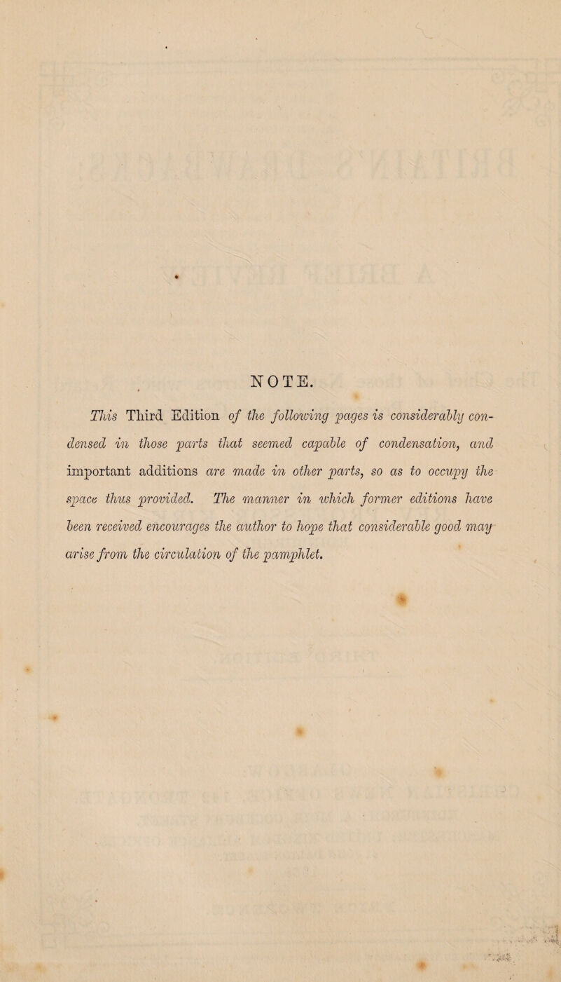 NOTE. • This Third Edition of the following pages is considerably con¬ densed in those parts that seemed capable of condensation, and important additions are made in other parts, so as to occupy the space thus provided. The manner in which former editions have been received encourages the author to hope that considerable good may arise from the circulation of the pamphlet. %