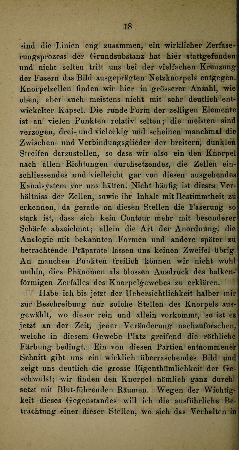 sind die Linien eng zusammen, ein wirklicher Zerfase¬ rungsprozess der Grundsubstanz hat hier stattgefunden und nicht selten tritt uns bei der vielfachen Kreuzung der Fasern das Bild ausgeprägten Netzknorpels entgegen. Knorpelzellen finden wir hier in grösserer Anzahl, wie oben, aber auch meistens nicht mit sehr deutlich ent¬ wickelter Kapsel. Die runde Form der zelligen Elemente ist an vielen Punkten relativ selten; die meisten sind verzogen, drei- und vieleckig und scheinen manchmal die Zwischen- und Verbindungsglieder der breitem, dunklen Streifen darzustellen, so dass wir also ein den Knorpel nach allen Richtungen durchsetzendes, die Zellen ein- schliessendes und vielleicht gar von diesen ausgehendes Kanalsystem vor uns hätten. Nicht häufig ist dieses Ver- hältniss der Zellen, sowie ihr Inhalt mit Bestimmtheit zu erkennen, da gerade an diesen Stellen die Faserung so stark ist, dass sich kein Contour mehr mit besonderer Schärfe abzeichnet; allein die Art der Anordnung, die Analogie mit bekannten Formen und andere später zu betrachtende Präparate lassen uns keinen Zweifel übrig. An manchen Punkten freilich können wTir nicht wohl umhin, dies Phänomen als blossen Ausdruck des balken-~ förmigen Zerfalles des Knorpelgewebes zu erklären. Habe ich bis jetzt der Uebersichtlichkeit halber mir zur Beschreibung nur solche Stellen des Knorpels aus¬ gewählt, wo dieser rein und allein vorkommt, so ist es jetzt an der Zeit, jener Veränderung nachzuforschen, welche in diesem Gewebe Platz greifend die röthlichc Färbung bedingt. Ein von diesen Partien entnommener Schnitt gibt uns ein wirklich überraschendes Bild und zeigt uns deutlich die grosse Eigentümlichkeit der Ge¬ schwulst; wTir finden den Knorpel nämlich ganz durch¬ setzt mit Blut-führenden Räumen. Wegen der Wichtig¬ keit dieses Gegenstandes will ich die ausführliche Be¬ trachtung einer dieser Stellen, wo sich das Verhalten in