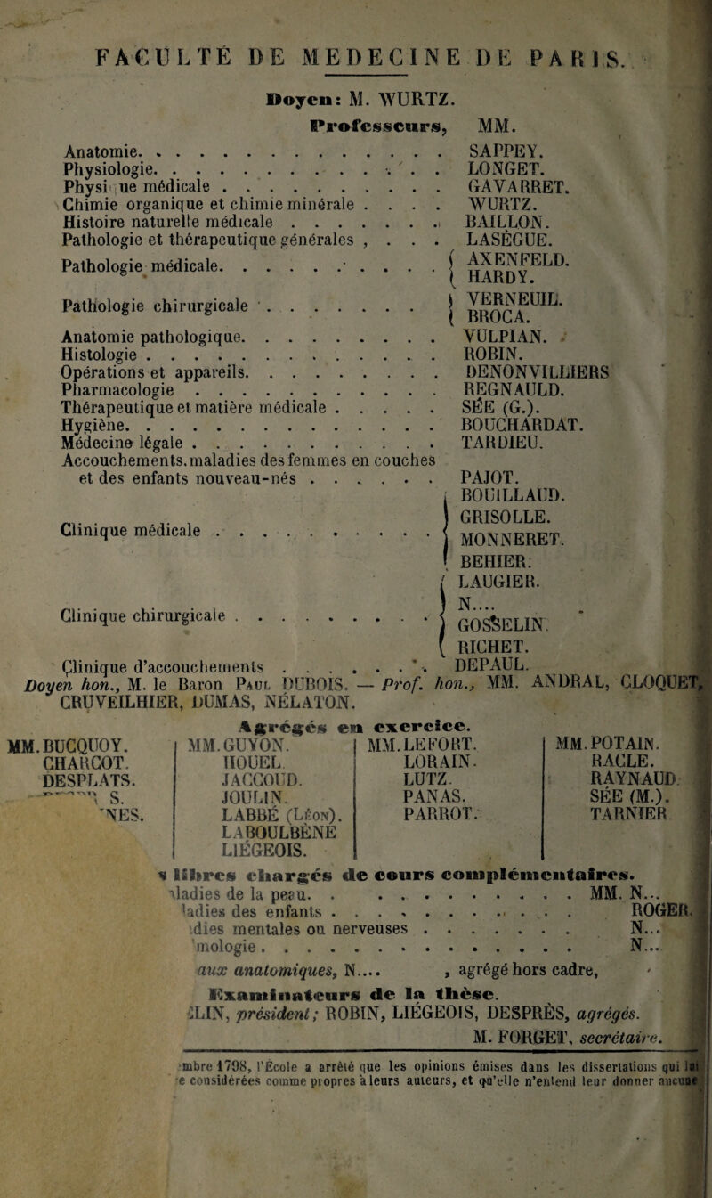 Doyen: M. WURTZ. Professeurs, MM. Anatomie. ». Physiologie.. . , Physique médicale. Chimie organique et chimie minérale . . . Histoire naturelle médicale. Pathologie et thérapeutique générales , . . . Pathologie médicale. .......... Pathologie chirurgicale .. Anatomie pathologique. Histologie ... Opérations et appareils.. . Pharmacologie. Thérapeutique et matière médicale. Hygiène. Médecine légale. Accouchements.maladies des femmes en couches et des enfants nouveau-nés. Clinique médicale . . . SAPPEY. LONGET. GAVARRET. WURTZ. BAILLON. LASÈGUE. ( AXENFELD. ( HARDY. i VERNEUIL. [ BROGA. VULPIAN. ROBIN. DENON VILLIERS REGNAULD. SÉE (G.). BOUCHARDAT. TARDIEU. PAJOT. i BOU1LLAUD. GRISOLLE. MONNERET. [ BEHIER; Clinique chirurgicale . . Çlinique d’accouchements .... Doyen hon., M. le Baron Paul DUBOIS. — CRUVEILHIER, DUMAS, NÉLATON. ( LAUGIER. ) N.... ' ’ j GOSSELIN ( RICHET. . *, DEPAUL. Prof, hon., MM. AN DR AL, GLOQUET, •4g'«’c$ci eu exercice. MM.BUCQUOY. MM.GUYON. MM.LEFORT. MM. PO TAIN. CHARCOT. HOUEL. LORAIN. RACLE. DESPLATS. JACCOUD. LUTZ. RAYNAUD JOUL1N. PANAS. SÉE (M.). 'NÉS. LABBÉ (Léon). LABOULBÈNE PARROT. TARNIER . . . LIÉGEOIS. ■ s 12 tares charges de cours complementaires. aladies de la peau. . .MM. N... ïadies des enfants. ROGER, j dies mentales ou nerveuses. N... inologie. .. N... aux anatomiques, N.... , agrégéhors cadre, I<2x$tntiiiateiirs de la thèse. :LIN, président; ROBIN, LIÉGEOIS, DESPRÈS, agrégés. __^_M. FORGET, secrétaire. J mbre 1798, l’École a arrêté que les opinions émises dans les dissertations qui lai e considérées comme propres a leurs auteurs, et (D'elle n’entend leur donner aucune