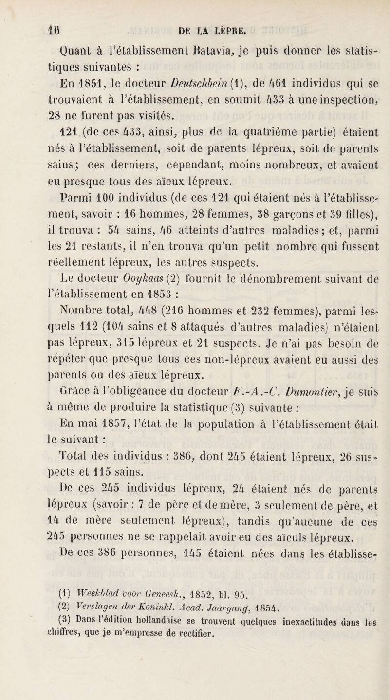 Quant à rétablissement Batavia^ je puis donner les statis¬ tiques suivantes ; En 1851, le docteur Deutschbein(\)^ de 461 individus qui se trouvaient à l’établissement, en soumit 433 à une inspection, 28 ne furent pas visités. 121 (d e ces 433, ainsi, plus de la quatrième partie) étaient nés à l’établissement, soit de parents lépreux, soit de parents sains; ces derniers, cependant, moins nombreux, et avaient eu presque tous des aïeux lépreux. Parmi 100 individus (de ces 121 qui étaient nés à rétablisse- ment, savoir : 16 hommes, 28 femmes, 38 garçons et 39 filles), 11 trouva : 54 sains, 46 atteints d’autres maladies; et, parmi les 21 restants, il n’en trouva qu’un petit nombre qui fussent réellement lépreux, les autres suspects. Le docteur Ooykaasi^l) fournit le dénombrement suivant de rétablissement en 1853 : Nombre total, 448 (216 hommes et 232 femmes), parmi les¬ quels 112 (104 sains et 8 attaqués d’autres maladies) n’étaient pas lépreux, 315 lépreux et 21 suspects. Je n’ai pas besoin de répéter que presque tous ces non-lépreux avaient eu aussi des parents ou des aïeux lépreux. Grâce à l’obligeance du docteur F.-A.-C. Dumontier^ je suis à même de produire la statistique (3) suivante : En mai 1857, l’état de la population à l’établissement était le suivant : Total des individus : 386, dont 245 étaient lépreux, 26 sus¬ pects et 115 sains. De ces 245 individus lépreux, 24 étaient nés de parents lépreux (savoir : 7 de père et de mère, 3 seulement de père, et 14 do mère seulement lépreux), tandis qu’aucune de ces 245 personnes ne se rappelait avoir eu des aïeuls lépreux. De ces 386 personnes, 145 étaient nées dans les élablisse- (1) Weekhlad voor Geneesk., 1852, bl. 95. (2) Verslagen der Koninkl. Acad. Jaargang, 1854. (3) Dans l’édition hollandaise se trouvent quelques inexactitudes dans les chiffres, que je m’empresse de rectifier.