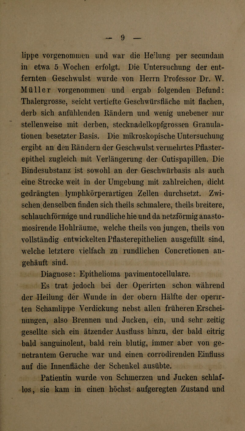 lippe vorgenommen und war die He’lung per secimdam in etwa 5 Wochen erfolgt. Die Untersuchung der ent¬ fernten Geschwulst wurde von Herrn Professor Dr. W. Müller vorgenommen und ergab folgenden Befund: Thalergrosse, seicht vertiefte Geschwürsfläche mit flachen, derb sich anfühlenden Rändern und wenig unebener nur stellenweise mit derben, stecknadelkopfgrossen Granula¬ tionen besetzter Basis. Die mikroskopische Untersuchung ergibt an den Rändern der Geschwulst vermehrtes Pflaster¬ epithel zugleich mit Verlängerung der Cutispapillen. Die Bindesubstanz ist sowohl an der Geschwürbasis als auch eine Strecke weit in der Umgebung mit zahlreichen, dicht gedrängten lymphkörperartigen Zellen durchsetzt. Zwi- schemdenselben finden sich theils schmalere, theils breitere, schlauchförmige und rundliche hie und da netzförmig anasto- mosirende Hohlräume, welche theils von jungen, theils von vollständig entwickelten Pflasterepithelien ausgefüllt sind, welche letztere vielfach zu rundlichen Concretionen an¬ gehäuft sind. Diagnose: Epithelioma pavimentocellulare. Es trat jedoch bei der Operirten schon während der Heilung der Wunde in der obern Hälfte der operir¬ ten Schamlippe Verdickung nebst allen früheren Erschei¬ nungen, also Brennen und Jucken, ein, und sehr zeitig gesellte sich ein ätzender Ausfluss hinzu, der bald eitrig bald sanguinolent, bald rein blutig, immer aber von ge- netrantem Gerüche war und einen corrodirenden Einfluss auf die Innenfläche der Schenkel ausübte. Patientin wurde von Schmerzen und Jucken schlaf¬ los, sie kam in einen höchst aufgeregten Zustand und