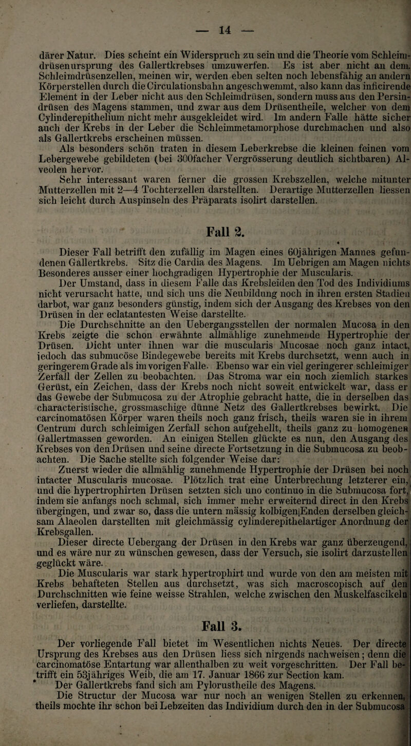 därer Natur. Dies scheint ein Widerspruch zu sein und die Theorie vom Schleim¬ drüsenursprung des Gallertkrebses umzuwerfen. Es ist aber nicht an dem. Schleimdrüsenzellen, meinen wir, werden eben selten noch lebensfähig an andern Körperstellen durch dieCirculationsbahn angeschwemmt, -also kann das inficirende Element in der Leber nicht aus den Schleimdrüsen, sondern muss aus den Persin- drüsen des Magens stammen, und zwar aus dem Drüsentheile, welcher von dem Cylinderepithelium nicht mehr ausgekleidet wird. Im andern Falle hätte sicher auch der Krebs in der Leber die Schleimmetamorphose durchmachen und also als Gallertkrebs erscheinen müssen. Als besonders schön traten in diesem Leberkrebse die kleinen feinen vom Lebergewebe gebildeten (bei 300facher Yergrösserung deutlich sichtbaren) Al¬ veolen hervor. Sehr interessant waren ferner die grossen Krebszellen, welche mitunter Mutterzellen mit 2—4 Tochterzellen darstellten. Derartige Mutterzellen liessen sich leicht durch Auspinseln des Präparats isolirt darstellen. Fall 2. • Dieser Fall betrifft den zufällig im Magen eines 60jährigen Mannes gefun¬ denen Gallertkrebs. Sitz die Cardia des Magens. Im Uebrigen am Magen nichts Besonderes ausser einer hochgradigen Hypertrophie der Muscularis. Der Umstand, dass in diesem Falle das Krebsleiden den Tod des Individiums nicht verursacht hatte, und sich uns die Neubildung noch in ihren ersten Stadien darbot, war ganz besonders günstig, indem sich der Ausgang des Krebses von den Drüsen in der eclatantesten Weise darstellte. Die Durchschnitte an den Uebergangsstellen der normalen Mucosa in den Krebs zeigte die schon erwähnte allmählige zunehmende Hypertrophie der Drüsen. Dicht unter ihnen war die muscularis Mucosae noch ganz intact, iedoch das submucöse Bindegewebe bereits mit Krebs durchsetzt, wenn auch in geringerem Grade als im vorigen Falle- Ebenso war ein viel geringerer schleimiger Zerfall der Zellen zu beobachten. Das Stroma war ein noch ziemlich starkes Gerüst, ein Zeichen, dass der Krebs noch nicht soweit entwickelt war, dass er das Gewebe der Submucosa zu der Atrophie gebracht hatte, die in derselben das characteristische, grossmaschige dünne Netz des Gallertkrebses bewirkt. Die carcinomatösen Körper waren theils noch ganz frisch, theils waren sie in ihrem Centrum durch schleimigen Zerfall schon aufgehellt, theils ganz zu homogenen Gallertmassen geworden. An einigen Stellen glückte es nun, den Ausgang des Krebses von den Drüsen und seine directe Fortsetzung in die Submucosa zu beob¬ achten. Die Sache stellte sich folgender Weise dar: Zuerst wieder die allmählig zunehmende Hypertrophie der Drüsen bei noch intacter Muscularis mucosae. Plötzlich trat eine Unterbrechung letzterer ein, und die hypertrophirten Drüsen setzten sich uno continuo in die Submucosa fort, indem sie anfangs noch schmal, sich immer mehr erweiternd direct in den Krebs übergingen, und zwar so, dass die untern massig kolbigenjEnden derselben gleich¬ sam Alaeolen darstellten mit gleichmässig cylinderepithelartiger Anordnung der Krebsgallen. Dieser directe Uebergang der Drüsen in den Krebs war ganz überzeugend, und es wäre nur zu wünschen gewesen, dass der Versuch, sie isolirt darzustellen geglückt wäre.. Die Muscularis war stark hypertrophirt und wurde von den am meisten mit Krebs behafteten Stellen aus durchsetzt, was sich macroscopisch auf den Durchschnitten wie feine weisse Strahlen, welche zwischen den Muskelfascikeln verliefen, darstellte. Fall 3. I Der vorliegende Fall bietet im Wesentlichen nichts Neues. Der directe Ursprung des Krebses aus den Drüsen liess sich nirgends nachweisen; denn die carcinomatöse Entartung war allenthalben zu weit vorgeschritten. Der Fall be¬ grifft ein 53jähriges Weib, die am 17. Januar 1866 zur Section kam. Der Gallertkrebs fand sich am Pylorustheile des Magens. Die Structur der Mucosa war nur noch an wenigen Stellen zu erkennen, theils mochte ihr schon bei Lebzeiten das Individium durch den in der Submucosa