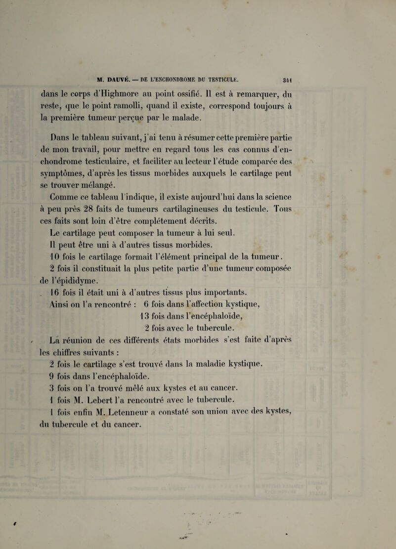 dans le corps d’Highmoi*e au point ossifié. Il est à remarquer, du reste, que le point ramolli, quand il existe, correspond toujours à la première tumeur perçue par le malade. Dans le tableau suivant, j ’ai tenu à résumer cette première partie de mon travail, pour mettre en regard tous les cas connus d’en- chondrome testiculaire, et faciliter au lecteur l’étude comparée des symptômes, d’après les tissus morbides auxquels le cartilage peut se trouver mélangé. Comme ce tableau 1 indique, il existe aujourd’hui dans la science à peu près 28 faits de tumeurs cartilagineuses du testicule. Tous ces faits sont loin d’être complètement décrits. Le cartilage peut composer la tumeur à lui seul. Il peut être uni à d’autres tissus morbides. 10 fois le cartilage formait l’élément principal de la tumeur. 2 fois il constituait la plus petite partie d’une tumeur composée de l’épididyme. 16 fois il était uni à d’autres tissus plus importants. Ainsi on l’a rencontré : 0 fois dans l’affection kystique, 13 fois dans l’encéphaloïde, 2 fois avec le tubercule. La réunion de ces différents états morbides s’est faite d’après les chiffres suivants : 2 fois le cartilage s’est trouvé dans la maladie kystique. 9 fois dans l’encéphaloïde. 3 fois on l’a trouvé mêlé aux kystes et au cancer. 1 fois M. Lebert l’a rencontré avec le tubercule. I fois enfin M. Letenneur a constaté son union avec des kystes, du tubercule et du cancer.