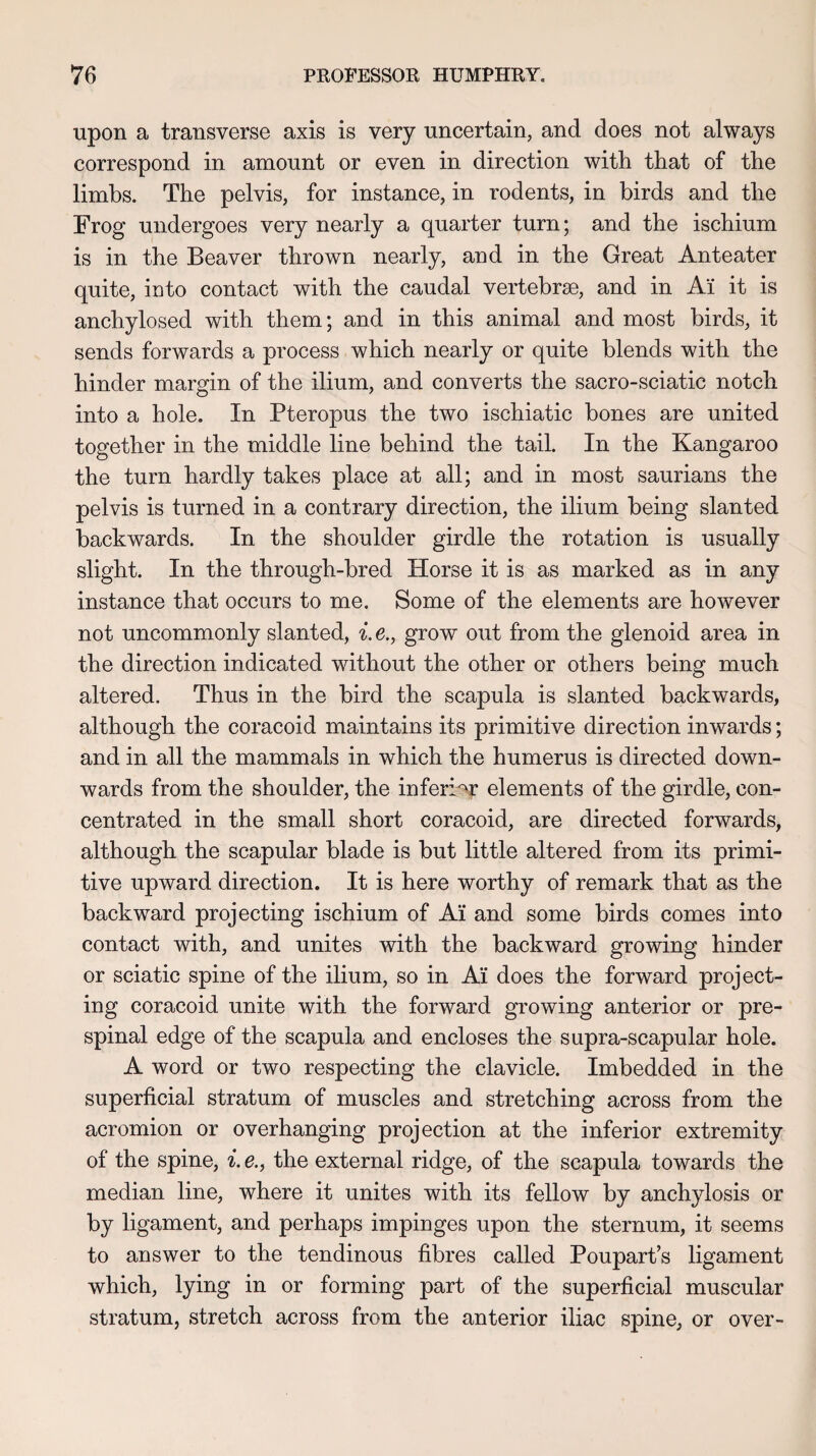 upon a transverse axis is very uncertain, and does not always correspond in amount or even in direction with that of the limbs. The pelvis, for instance, in rodents, in birds and the Frog undergoes very nearly a quarter turn; and the ischium is in the Beaver thrown nearly, and in the Great Anteater quite, into contact with the caudal vertebrae, and in Ai it is anchylosed with them; and in this animal and most birds, it sends forwards a process which nearly or quite blends with the hinder margin of the ilium, and converts the sacro-sciatic notch into a hole. In Pteropus the two ischiatic bones are united together in the middle line behind the tail. In the Kangaroo the turn hardly takes place at all; and in most saurians the pelvis is turned in a contrary direction, the ilium being slanted backwards. In the shoulder girdle the rotation is usually slight. In the through-bred Horse it is as marked as in any instance that occurs to me. Some of the elements are however not uncommonly slanted, i. e., grow out from the glenoid area in the direction indicated without the other or others being much altered. Thus in the bird the scapula is slanted backwards, although the coracoid maintains its primitive direction inwards; and in all the mammals in which the humerus is directed down¬ wards from the shoulder, the inferior elements of the girdle, con¬ centrated in the small short coracoid, are directed forwards, although the scapular blade is but little altered from its primi¬ tive upward direction. It is here worthy of remark that as the backward projecting ischium of Ai and some birds comes into contact with, and unites with the backward growing hinder or sciatic spine of the ilium, so in Ai does the forward project¬ ing coracoid unite with the forward growing anterior or pre- spinal edge of the scapula and encloses the supra-scapular hole. A word or two respecting the clavicle. Imbedded in the superficial stratum of muscles and stretching across from the acromion or overhanging projection at the inferior extremity of the spine, i. e., the external ridge, of the scapula towards the median line, where it unites with its fellow by anchylosis or by ligament, and perhaps impinges upon the sternum, it seems to answer to the tendinous fibres called Poupart’s ligament which, lying in or forming part of the superficial muscular stratum, stretch across from the anterior iliac spine, or over-