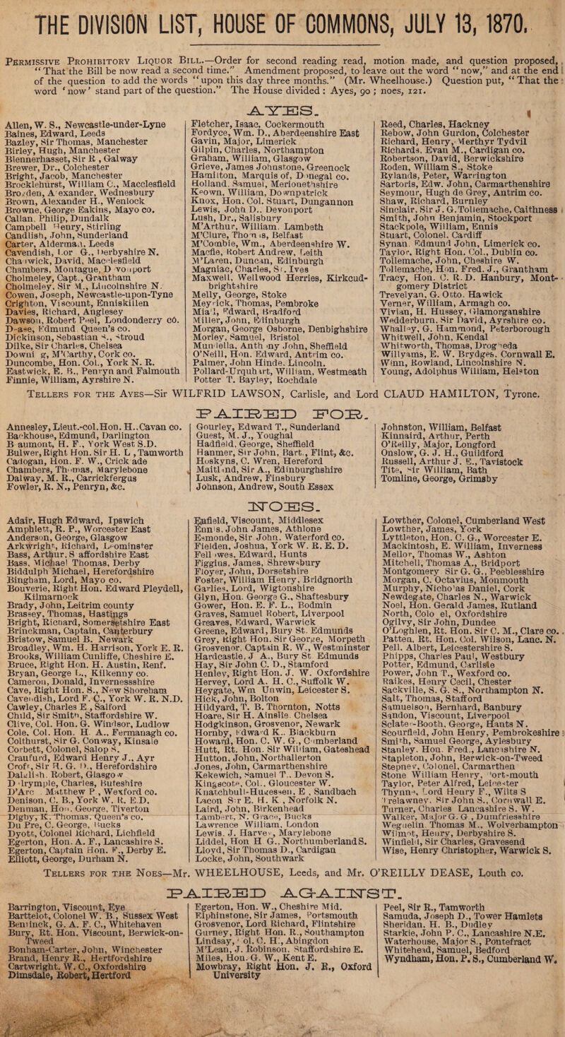 THE DIVISION LIST, HOUSE OF COMMONS, JULY 13,1870, Permissive Prohibitory Liquor Bill.—Order for second reading read, motion made, and question proposed, “ That the Bill be now read a second time.” Amendment proposed, to leave out the word “ now,” and at the end of the question to add the words “upon this day three months.” (Mr. Wheelhouse.) Question put, “That the word ‘now’ stand part of the question.” The House divided : Ayes, 90 ; noes, 121. Allen, W. S., Newcastle-under-Lyne Baines, Edward, Leeds Bazley, Sir Thomas, Manchester Birley, Hugh, Manchester Blennerhasset, Sir it, Galway Brewer, Dr., Colchester Bright, Jacob, Manchester Brocklehurst, William C., Macclesfield Bro/den, Alexander, Wednesbury Brown, Alexander H., Wenlock Browne, George Eakins, Mayo co. Callan. Philip, Dundalk Campbell Henry, Stirling Candlish, John, Sunderland Carter, Alderman, Leeds Cavendish, Cor G., 1 >erbyshire N. Cha iwick, David, Macclesfield Chambers, Montague, D vouport Cholmeley, Capt., Grantham Cholmeley, Sir M., Lincolnshire N. Cowen, Joseph, Newcastle-upon-Tyne Crighton, Viscount, Enniskillen Davies, Richard, Anglesey Dawson, Robert Peel, Londonderry cO. ITase, Edmund. Queen’s co. Dickinson, Sebastian -L, 'troud Dilke, Sir Charles, Chelsea Downi g, McCarthy, Cork co. Duncombe, Hon. Col., York N. R. East.wick, E. B., Penryn and Falmouth Finnie, William, Ayrshire N. AYES. Fletcher, Isaac, Cockennouth Fordyce, Wm. D., Aberdeenshire East Gavin, Major, Limerick Gilpin, Charles, Northampton Graham. William, Glasgow Grieve, James Johnstone. Greenock Hamilton, Marquis of, Donegal co. Holland. Samuel, Merionethshire K>own, William, Downpatrick Knox, Hon. Col. Stuart, Dungannon Lewis, Johh D.. Devonport Lush, Dr., Salisbury M’Arthur, William. Lambeth M’Clure, Tho u is, Belfast M’Combie, Wm., Aberdeenshire W. Macfie, Robert Andrew, Leith M’Laren, Duncan, Edinburgh Magniac, Charles, St. Ives Maxwell, Well wood Herries, Kirkcud¬ brightshire Melly, George, Stoke Meyick, Thomas, Pembroke Mial, Edward, Bradford Miller, John, Edinburgh Morgan, George Osborne, Denbighshire Morley, Samuel, Bristol Munlella, Anth my John, Sheffield O’Neill, Hon. Edward, Antrim co. Palmer, John Hinde. Lincoln. Pollard-Urquhirt, William, Westmeath Potter T. Bay ley, Rochdale 4 Reed, Charles, Hackney Rebow, John Gurdon, Colchester Richard, Henry, Vlerthyr Tydvil Richards, Evan M., Cardigan co. Robertson, David, Berwickshire Roden, William S., Stoke Rylands, Peter, Warrington Sartoris, Edw. John, Carmarthenshire Seymour, Hugh de Grey, Antrim co. Shaw, Richard, Burnley Sinclair, Sir J. G.Tollemache, Caithness Smith, John Benjamin, Stockport Stack pole, William, Ennis Stuart, Colonel, Cardiff Synan Edmund John, Limerick co. Taylor, Right Hon. Col., Dublin co. Tollemache, John, Cheshire W. Tollemache, Hon. Fred. J., Grantham Tracy, Hon. C. R.D. Hanbury, Mont¬ gomery District Trevelyan, G. Octo. Hawick Verner, William, Armagh co. Vivian, H. Hussey, Glamorganshire Wedderburn. Sir David, Ayrshire co. WhalGy, G. Hammond, Peterborough Whitwell, John, Kendal Whitworth, Thomas, Drogheda Willyams, E. W. Brydges. Cornwall E. Winn, Rowland, Lincolnshire N. Young, Adolphus William, Helston Tellers for the Aves—Sir WILFRID LAWSON, Carlisle, and Lord CLAUD HAMILTON, Tyrone. Annesley, Lieut.-col.Hon. H..Cavan co. Backhouse, Edmund, Darlington B aumont, H. F., York West S.D. Buiwer, Right Hon. Sir H. L ,Tamworth Cadogan, Hon. F. W., Crick ade Chambers, Thomas, Marylebone Dal way, M. R., Carrickfergus Fowler, R. N., Penryn, &c. Adair, Hugh Edward, Ipswich Amphlett, R. P., Worcester East Anderson, George, Glasgow Arkwright, Richard, Leominster Bass, Arthur, S affordshire East Bass, Michael Thomas, Derby Biddulph Michael, Herefordshire Bingham, Lord, Mayo co. Bouverie, Right Hon. Edward Pleydell, Kilmarnock Brady, John, Leitrim county Brassey, Thomas, Hastings Bright, Richard, Somersetshire East Brinckman, Captain, Canterbury Bristow, Samuel B. Newark Broadley, Wm. H. Harrison, York E. R. Brooks, William Cunliffe, Cheshire E. Bruce, Right Hon. H. Austin, Renf. Bryan, George L., Kilkenny co. Cameron, Donald, Invernessshire Cave, Right Hon. S., New Shoreham Cavendish, Lord E. C., York W. R. N.D. Cawley, Charles E , Salford Child, Sir Smith, Staffordshire W. Clive, Col. Hon. G. Windsor, Ludlow Cole. Col. Hon. H A., Fermanagh co. Colthurst, Sir G. Conway, Kinsale Corbett, Colonel, Salop s. Craufurd, Edward Henry J.. Ayr Crofr, Sir H. G. I>., Herefordshire DaKlish. Robert, Glasgow D drymple, Charles, Buteshire D’Arc . Matthew P , Wexford co. Denison, C. B., York W. It. E D. Denman, Hon. George, Tiverton Digby, It. Thomas, Queen’s co. Du Pre, C. George, Bucks Dyotr,, Colonel Richard, Lichfield Egerton, Hon. A. F., Lancashire S. Egerton, Captain Hon. E., Derby E. Elliott, George, Durham N. Tellers for the Noes—Mr ZPA-IIRIEID POB. Gourley, Edward T., Sunderland Guest, M. J., Youghal Hadfield, Geovge, Sheffield Hanmer, Sir John, Bart., Flint, &c. Hoskyns, C. Wren, Hereford Maitlmd, Sir A., Edinburghshire Lusk, Andrew, Finsbury Johnson, Andrew, South Essex UOES. Enfield, Viscount, Middlesex Ennis, John James, Athlone Esmonde, Sir John. Waterford co. Fielden, Joshua, York W. R. E. D. Fell >wes, Edward, Hunts Figgins, James, Shrewsbury Floyer, John, Dorsetshire Foster, William Henry, Bridgnorth Garlies. Lord, Wigtonshire Glyn, Hon. George G., Shaftesbury Gower, Hon. E. F. L., Bodmin Graves, Samuel Robert, Liverpool Greaves, Edward, Warwick Greene, Edward, Bury St. Edmunds Grey, Right Hon. Sir George, Morpeth Grosvenor, Captain R. W., Westminster Hardcastle, J A., Bury St Edmunds Hay, Sir John C. D., Stamford Henley, Right Hon. J. W. Oxfordshire Hervey, Lord A. H. C., Suffolk W. Heygate, Wm Unwin, Leicester S. Hick, John, Bolton Hildyard, T. B. Thornton, Notts Hoare, Sir H. Ainslie. Chelsea Hodgkinson, Grosvenor, Newark Hornby, Edward K.. Blackburn Howard, Hon. C. W. G., Cumberland Hutt, Rt. Hon. Sir William, Gateshead Hutton, John, Northallerton Jones, John, Carmarthenshire Kekewich, Samuel T.. Devon S. Kingscote, Col., Gloucester W. Knatchbull-Hugessen, E , Sandbach Lacon SirE. H. K , Norfolk N. Laird, John, Birkenhead Lambert,, N. Grace, Bucks Lawrence William, London Lewis. J. Harvev, Marylebone Liddel, Hon H G.,NorthumberlandS. Lloyd, Sir Thomas D., Cardigan Locke, John, Southwark WHEELHOUSE, Leeds, and Mr. ' Johnston, William, Belfast Kinnaird, Arthur, Perth O’Reilly, Major, Longford Onslow, G. J. H., Guildford Russell, Arthur J. E., Tavistock Tite, nr William, Bath Tomline, George, Grimsby Lowther, Colonel, Cumberland West Lowther, James, York Lyttleton, Hon. C. G., Worcester E. Mackintosh, E. William, Inverness Mellor, Thomas W., Ashton Mitchell, Thomas A., Bridport Montgomery Sir G. G., Peeblesshire Morgan, C. Octavius, Monmouth Murphy, Nicho’as Daniel, Cork Newdegate, Charles N., Warwick Noel, Hon. Gerald James, Rutland North, Colo el, Oxfordshire Ogilvy, Sir John, Dundee O’Loghlen, Rt. Hon. Sir C. M., Clare co.. Patten. Rt. Hon. Col. Wilson, Lane. N. Pell. Albert, Leicestershire S. Phipps, Charles Paul, Westbury Potter, Edmund, Carlisle Power, John T., Wexford co. Raikes, Henry Cecil, Chester Sackville, S. G. S., Northampton N. Salt, Thomas, Stafford Samuelson, Bernhard, Banbury Sandon, Viscount, Liverpool Sclate'-Booth, George, Hants N. Scourfield, John Henry, Pembrokeshire Smi rh, Samuel George, Aylesbury Stanley. Hon. Fred., Lancashire N. Stapleton, John, Berwiek-on-Tweed Stepney, Colonel, Carmarthen Stone William Henry, 'ort-mouth Taylor, Peter Alfred, Leicester Thynna, Lord Henry F., Wilts S 1 relawney. Sir John S., Cornwall E. Turner, Charles Lancashire S. W. Walker, Major G. G , Dumfriesstiire Weguelin. Thomas M., Wolverhampton Wiimot, Henry, Derbyshii’e S. Winfield, Sir Charles, Gravesend Wise, Henry Christopher, Warwick S. '’REILLY DEASE, Louth co. zp_a.i:r,:e:d ag-aiust. Barrington, Viscount, Eye Barttelot., Colonel W. B., Sussex West Beniinck, G. A. F. C., Whitehaven Bury, Rt. Hon. Viscount, Berwick-on- Tweed Bonham-Carter, John, Winchester Brand, Henry R., Hertfordshire Cartwright. W. C., Oxfordshire Dimsdale, Robert, Hertford Egerton, Hon. W., Cheshire Mid. Elphinstone, Sir James, Portsmouth Grosvenor, Lord Richard, Flintshire Gurney, Right Hon. R., Southampton Lindsay, ■ ol. C. Hi, Abingdon M’Lean, J. Robinson. Staffordshire E. Miles, Hon. G. W., KentE. Mowbray, Right Hon. J. R., Oxfoi University Peel, Sir R., Tam worth Samuda, Joseph D., Tower Hamlets Sheridan. H. B., Dudley Stai-kie, John P. C., Lancashire N.E. Waterhouse, Major S., Pontefract Whitehead, Samuel, Bedford Wyndham, Hon. P. S„ Cumberland W.