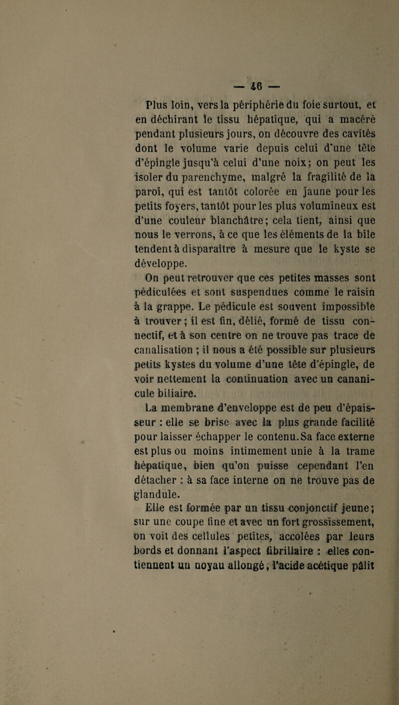 Plus loin, vers la périphérie du foie surtout, et en déchirant le tissu hépatique, qui a macéré pendant plusieurs jours, on découvre des cavités dont le volume varie depuis celui d'une tête d’épingle jusqu’à celui d’une noix; on peut les isoler du parenchyme, malgré la fragilité de la paroi, qui est tantôt colorée en jaune pour les petits foyers, tantôt pour les plus volumineux est d’une couleur blanchâtre; cela tient, ainsi que nous le verrons, à ce que les éléments de la bile tendent à disparaître à mesure que le kyste se développe. On peut retrouver que ces petites masses sont pédiculées et sont suspendues comme le raisin à la grappe. Le pédicule est souvent impossible à trouver ; il est fin, délié, formé de tissu con¬ nectif, et à son centre on ne trouve pas trace de canalisation ; il nous a été possible sur plusieurs petits kystes du volume d’une tête d’épingle, de voir nettement la continuation avec un canani- cule biliaire. La membrane d’enveloppe est de peu d’épais¬ seur : elle se brise avec la plus grande facilité pour laisser échapper le contenu. Sa face externe est plus ou moins intimement unie à la trame hépatique, bien qu’on puisse cependant l’en détacher : à sa face interne on ne trouve pas de glandule. Elle est formée par un tissu conjonctif jeune; sur une coupe fine et avec un fort grossissement, on voit des cellules petites, accolées par leurs bords et donnant l’aspect fibrillaire : elles con¬ tiennent nu noyau allongé, l’acide acétique pâlit