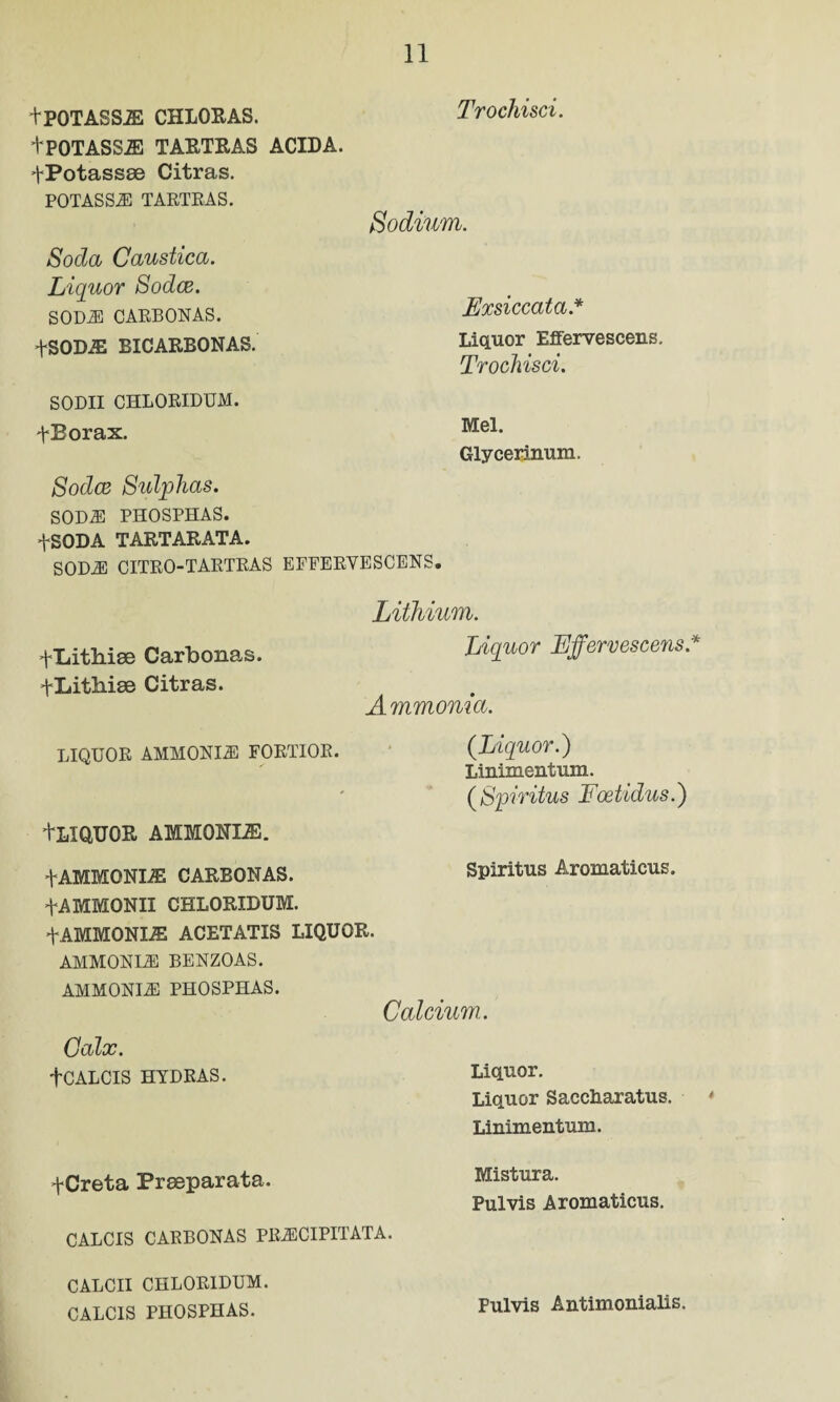 +POTASSJE CHLORAS. +POTASS.® TARTRAS ACID A. +Potassse Citras. POTASS-® TARTRAS. Soda Caustica. Liquor Sodce. SOD-® CARBONAS. tSODJE BICARBONAS. SODII CHLORIDUM. tBorax. Sodce Sulphas. SOD® PHOSPHAS. +SODA TARTARATA. SOD® CITRO-TARTRAS Trochisci. Sodium. Exsiccata* Liquor Effervescens. Trochisci. Mel. Glycerinum. EFFERVESCENS. tLiitMae Carbonas. +Litliise Citras. Lithium. Liquor Effervescens* Ammonia. LIQUOR AMMONI® FORTIOR. +LIQUQR AMMONI®. +AMMONI® CARBONAS. +AMMONII CHLORIDUM. +AMMONI® ACETATIS LIQUOR. AMMONI® BENZOAS. AMMONI® PHOSPHAS. Calx. tCALCIS HYDRAS. fCreta Prseparata. (Liquor.) Linimentum. ( Spiritus Foetidus.) Spiritus Aromaticus. Calcium.. Liquor. Liquor Saccharatus. Linimentum. Mistura. Pulvis Aromaticus. CALCIS CARBONAS PR®CIPITATA. CALCII CHLORIDUM. CALCIS PHOSPHAS. Pulvis Antimonialis.