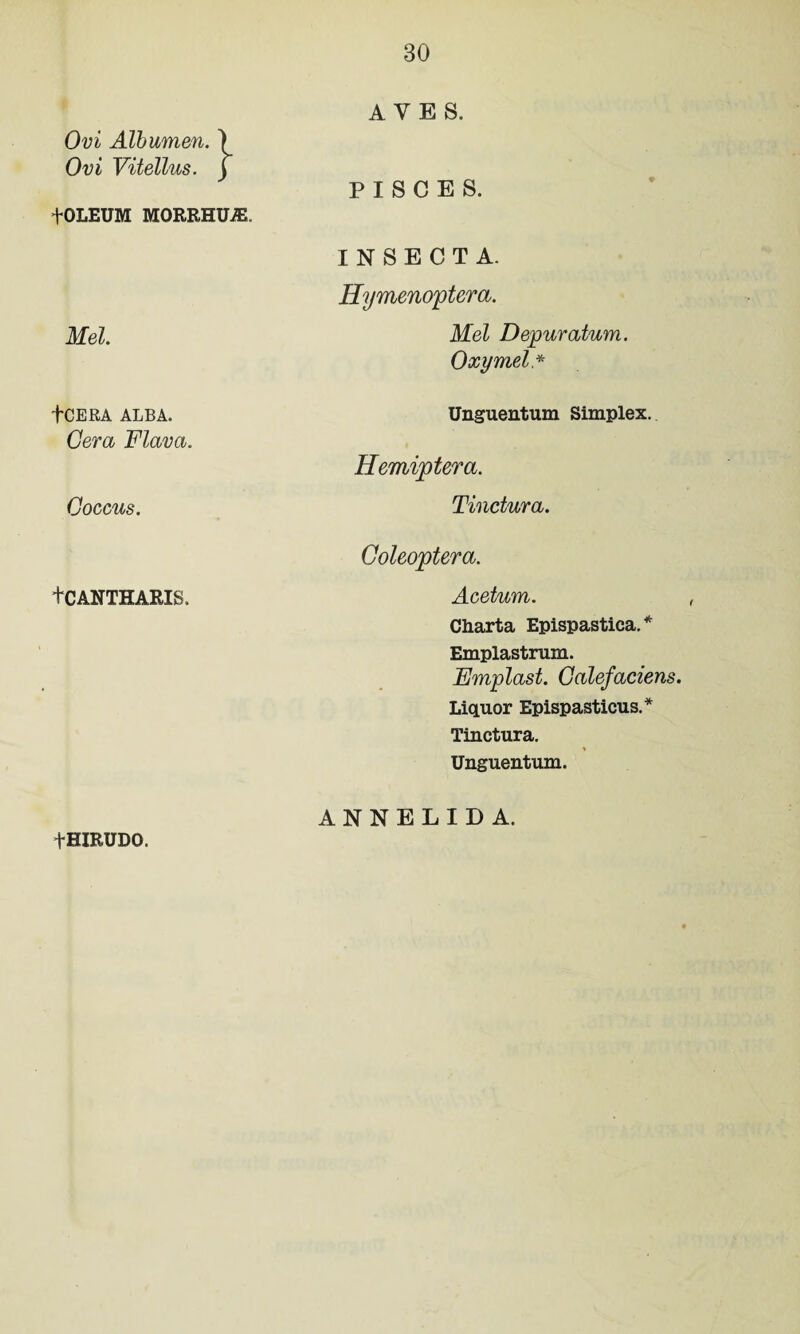 Ovi Albumen. ) Ovi Vitellus. j AYES. PISCES. +OLEUM MORRHUiE. Mel. I N S E C T A. Hymenoptera. Mel Depuratum. Oxymel* fCERA ALBA. Gera Flava. Unguentum Simplex. Hemiptera. Coccus. Tinctura. +CANTHARIS, Coleoptera. Acetum. , Charta Epispastica. * Emplastrum. Emplast. Galefaciens. Liquor Epispasticus.* Tinctura. % Unguentum. tHIRUDO. ANNELIDA.