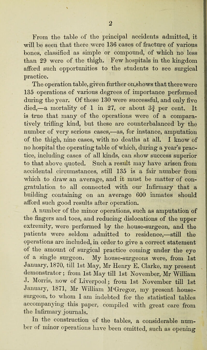 \ From the table of the principal accidents admitted, it will be seen that there were 136 cases of fracture of various bones, classified as simple or compound, of which no less than 29 were of the thigh. Few hospitals in the kingdom afford such opportunities to the students to see surgical practice. The operation table, given further on,shows that there were 135 operations of various degrees of importance performed during the year. Of these 130 were successful, and only five died,—a mortality of 1 in 27, or about 3f per cent. It is true that many of the operations were of a compara¬ tively trifling kind, but these are counterbalanced by the number of very serious cases,—as, for instance, amputation of the thigh, nine cases, with no deaths at all. I know of no hospital the operating table of which, during a year’s prac¬ tice, including cases of all kinds, can show success superior to that above quoted. Such a result may have arisen from accidental circumstances, still 135 is a fair number from which to draw an average, and it must be matter of con¬ gratulation to all connected with our Infirmary that a building containing on an average 600 inmates should afford such good results after operation. A number of the minor operations, such as amputation of the fingers and toes, and reducing dislocations of the upper extremity, were performed by the house-surgeon, and the patients were seldom admitted to residence,—still the pperations are included, in order to give a correct statement oi the amount of surgical practice coming under the eye of a single surgeon. My house-surgeons were, from 1st January, 1870, till 1st May, Mr Henry E. Clarke, my present demonstrator ; from 1st May till 1st November, Mr William J. Morris, now of Liverpool; from 1st November till 1st January, 1871, Mr William McGregor, my present house- surgeon, to whom I am indebted for the statistical tables accompanying this paper, compiled with great care from the Infirmary journals. In the construction ot the tables, a considerable num¬ ber of minor operations have been omitted, such as opening